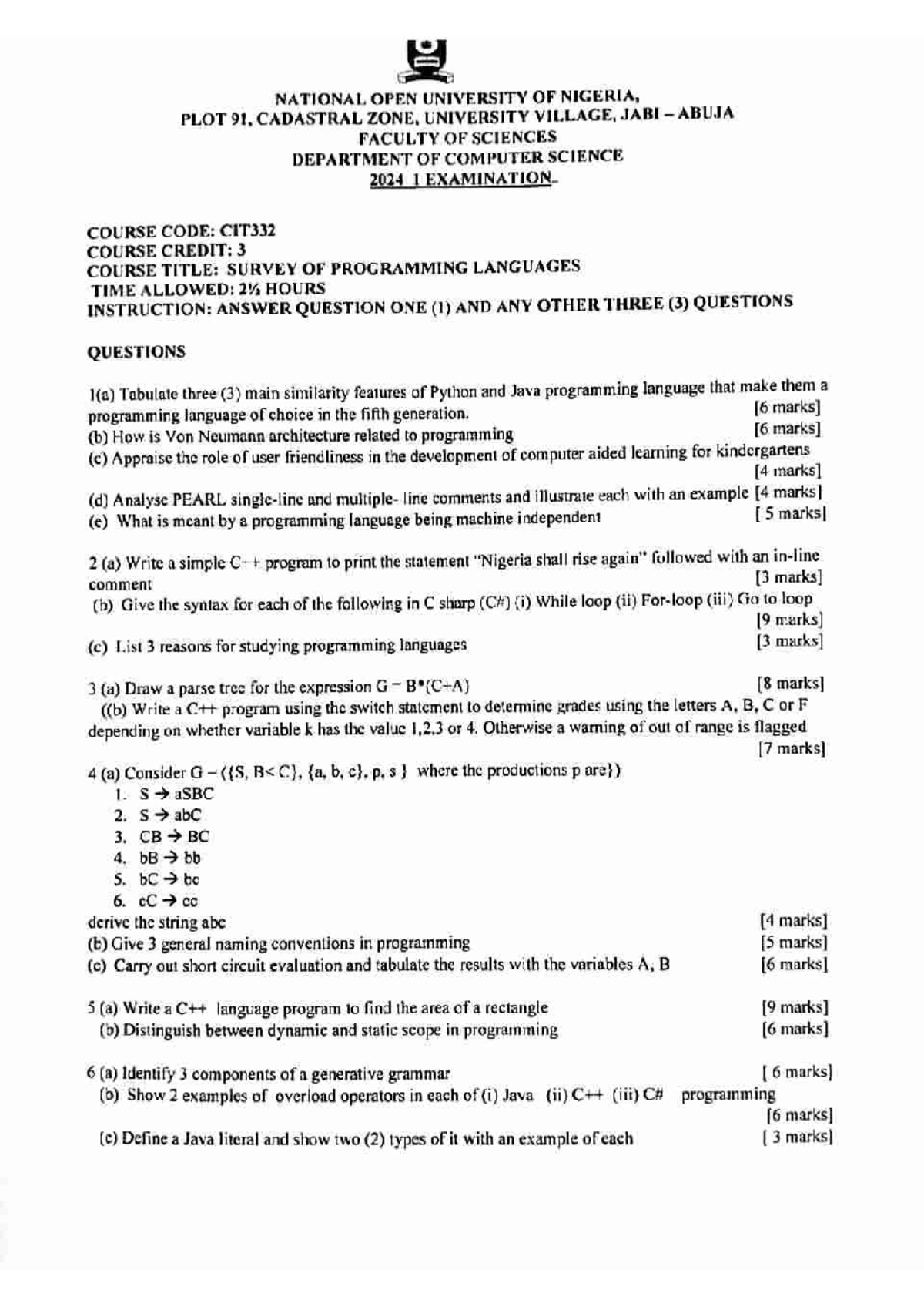CIT332 2024 1 Exam: Survey of Programming Languages Insights - Studocu