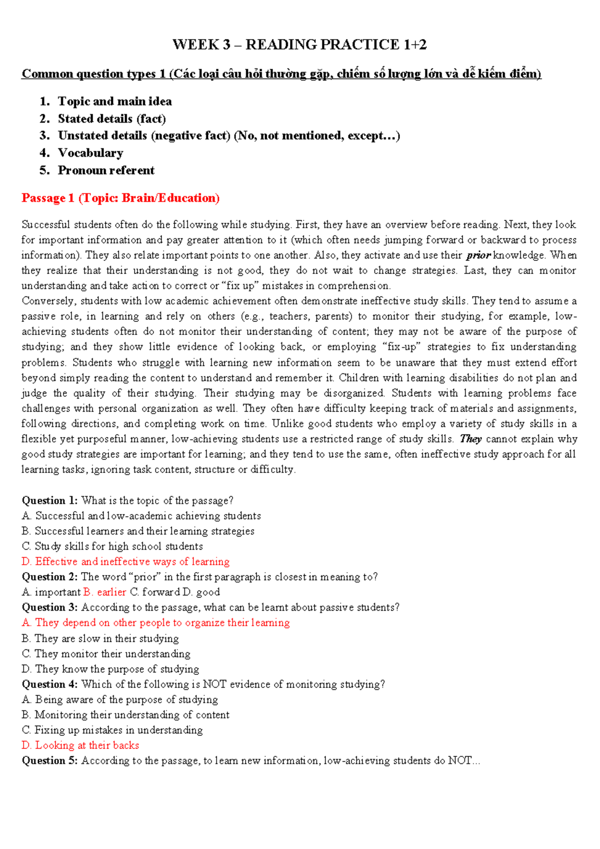 WEEK 3 READING PRACTICE: Common Question Types & Strategies - Studocu
