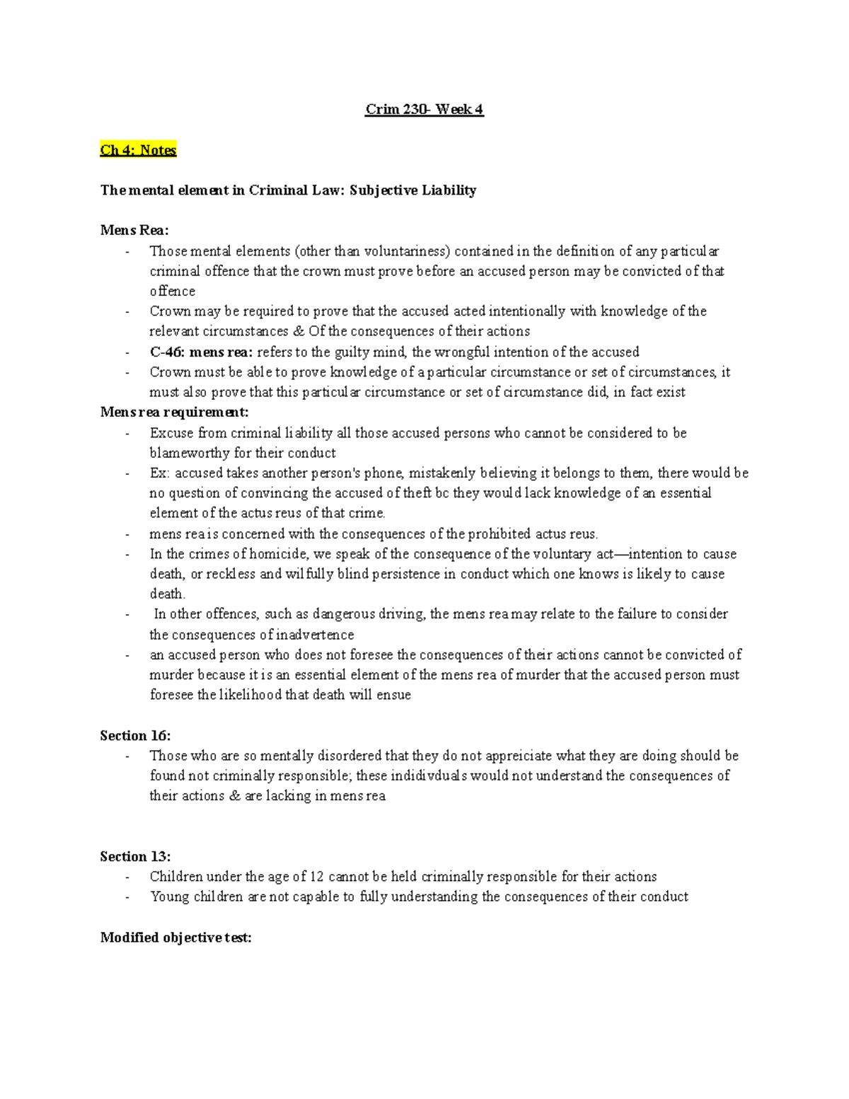 Crim 230 - Week 4 Lecture Notes: Mens Rea and Criminal Liability - Studocu