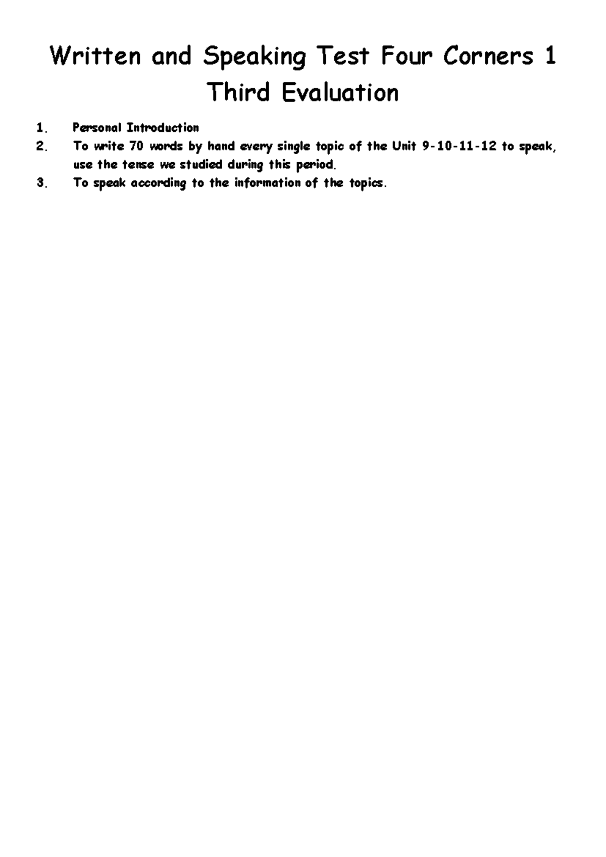 Oral Test Four Corners 1 Third Evaluation 24-25 - Written and Speaking ...