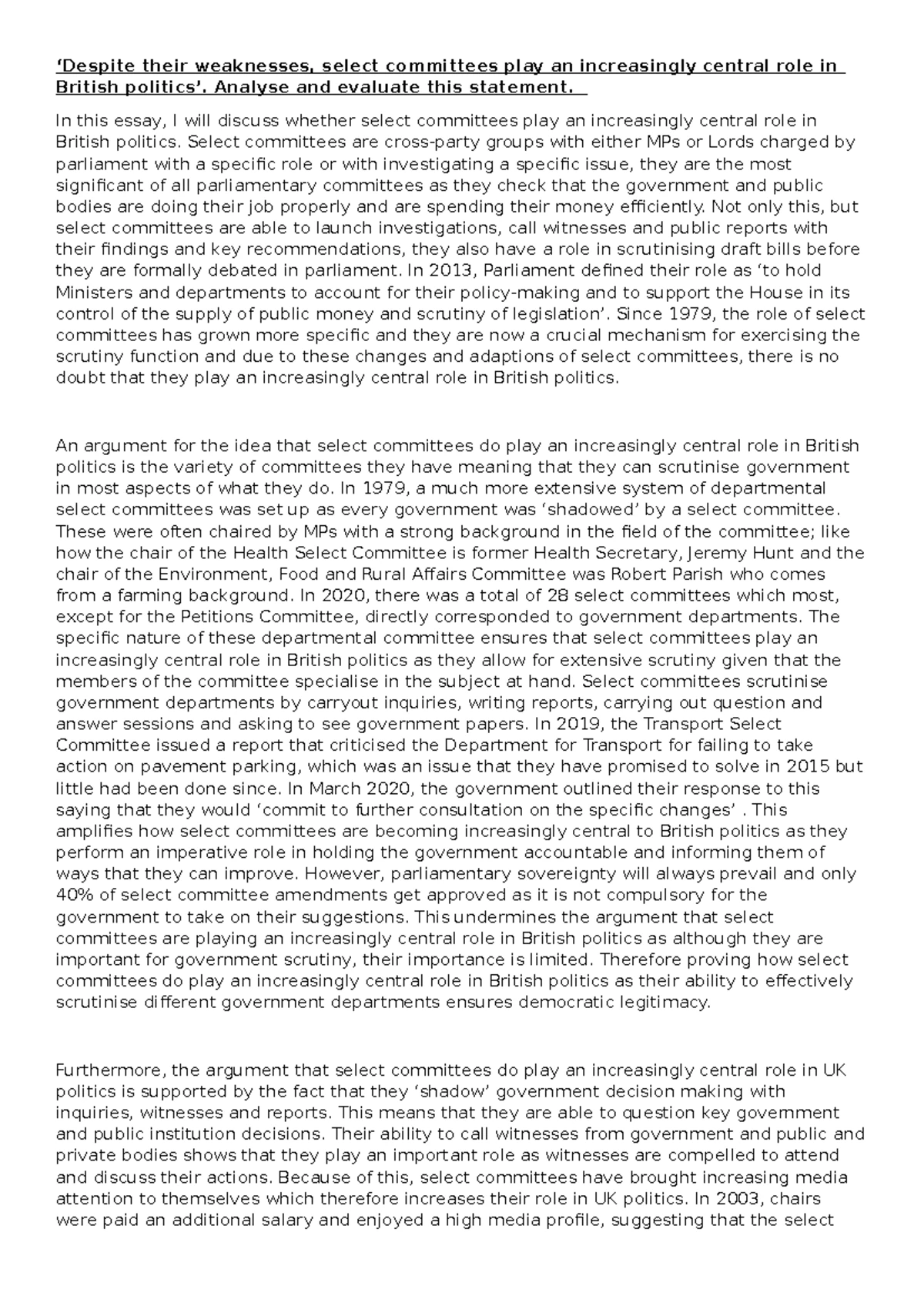 HOC Select Committees: Effective Accountability or Limited Influence ...