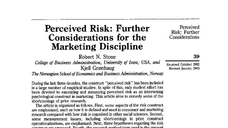 Perceived Risk in Marketing: Further Considerations (MKT 101) - Studocu