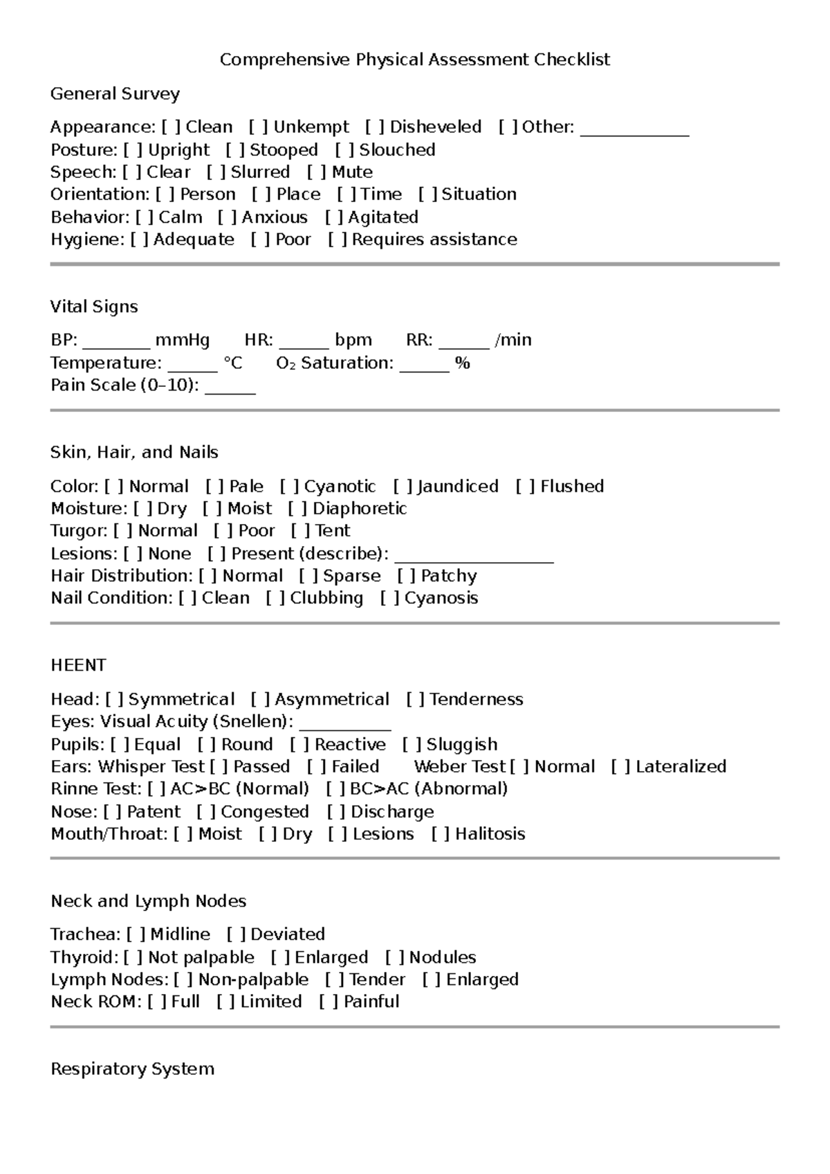 Comprehensive Physical Assessment Checklist (CPT 101) - Studocu