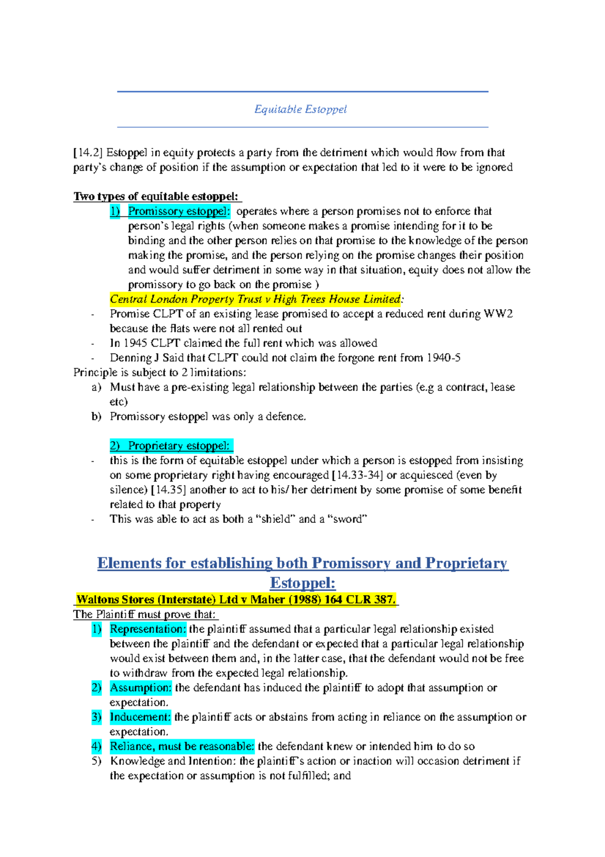Exam Notes (Grade: DISTINCTION) - Equitable Estoppel [14] Estoppel in ...