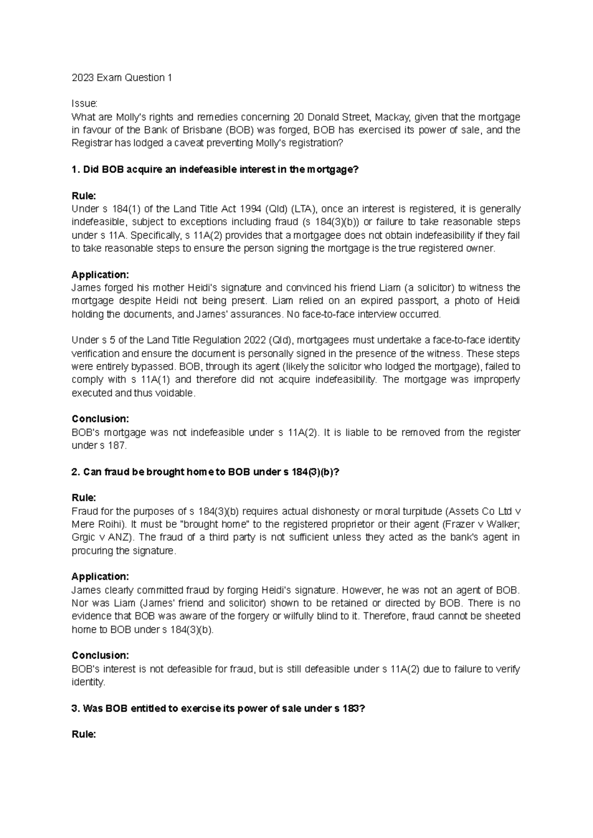 LAWS2706 Past Exam Answers: Rights and Remedies in Property Law - Studocu