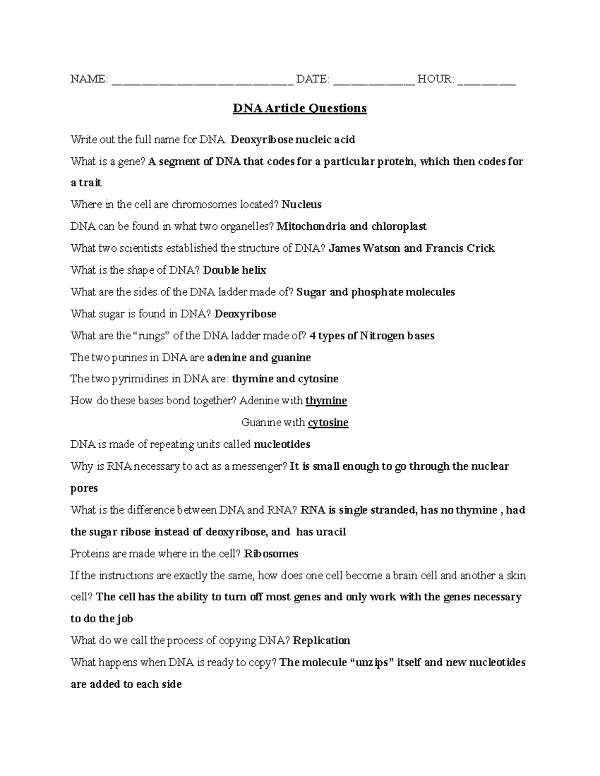 BIO101: DNA Article Questions and Key Concepts - Studocu