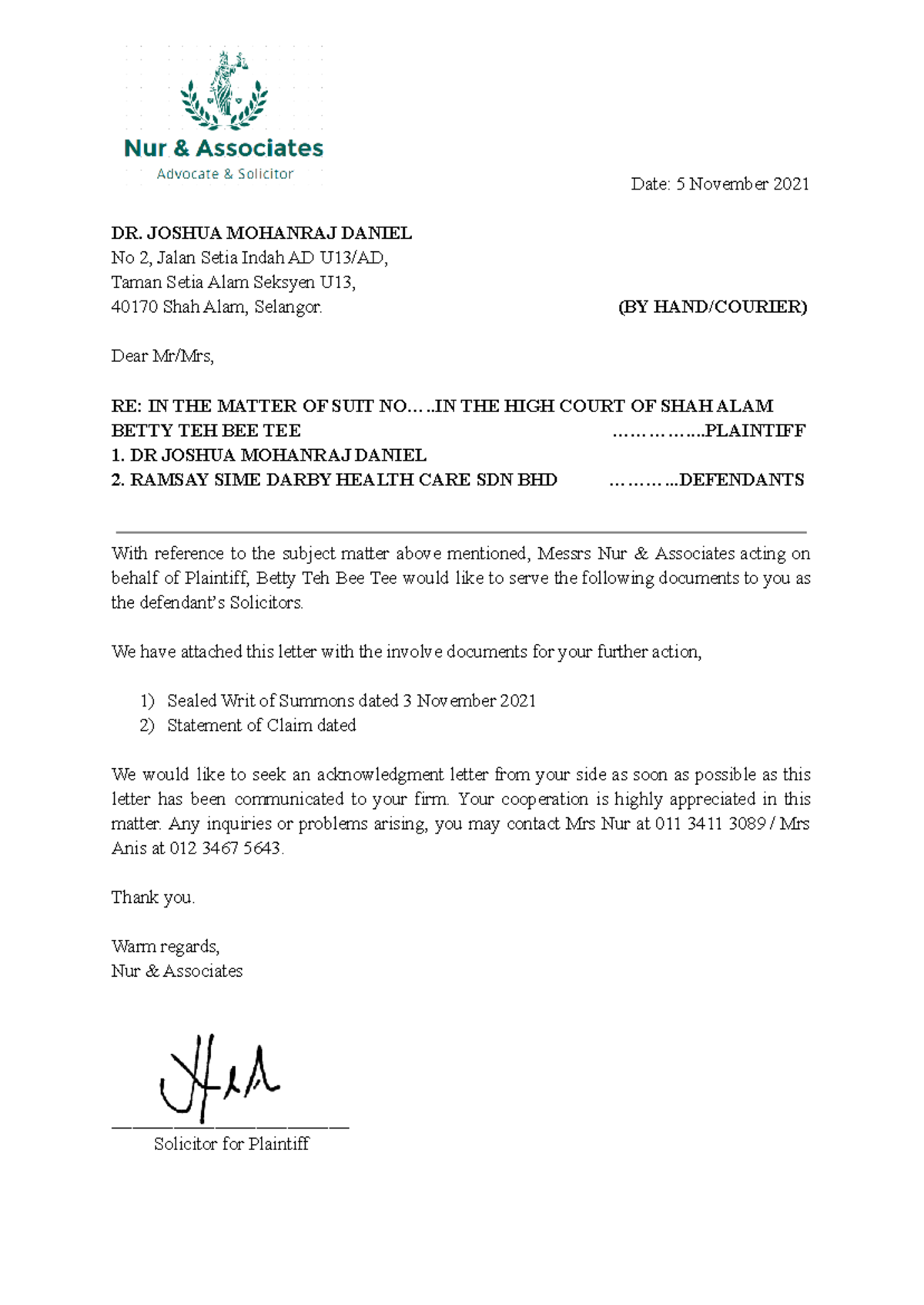 Cover Letter for Court Submission - Suit No. [Details] - Studocu