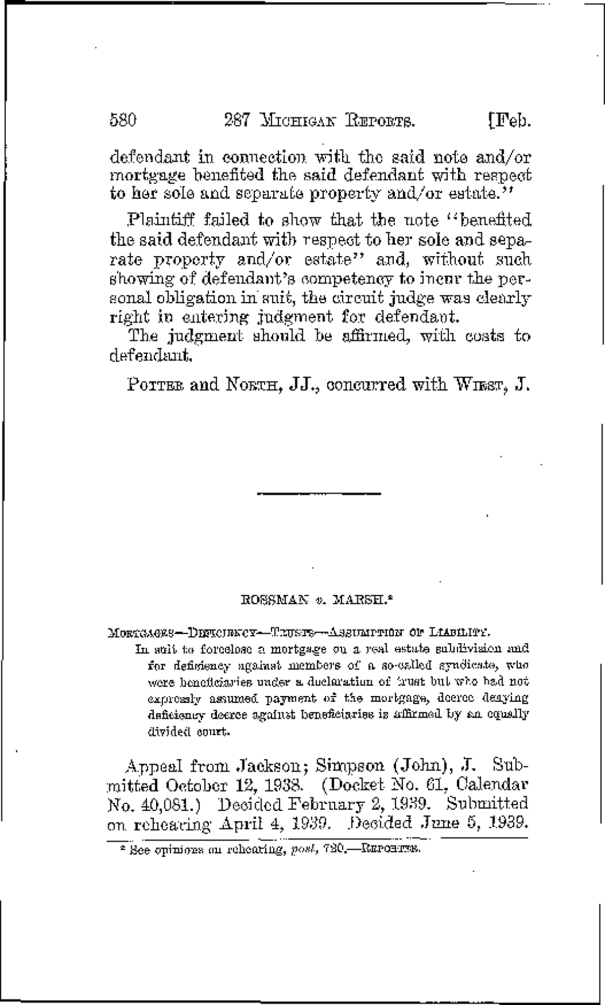 580 287 Michigan Reports: Rossman v. Marsh Case Analysis - Studocu