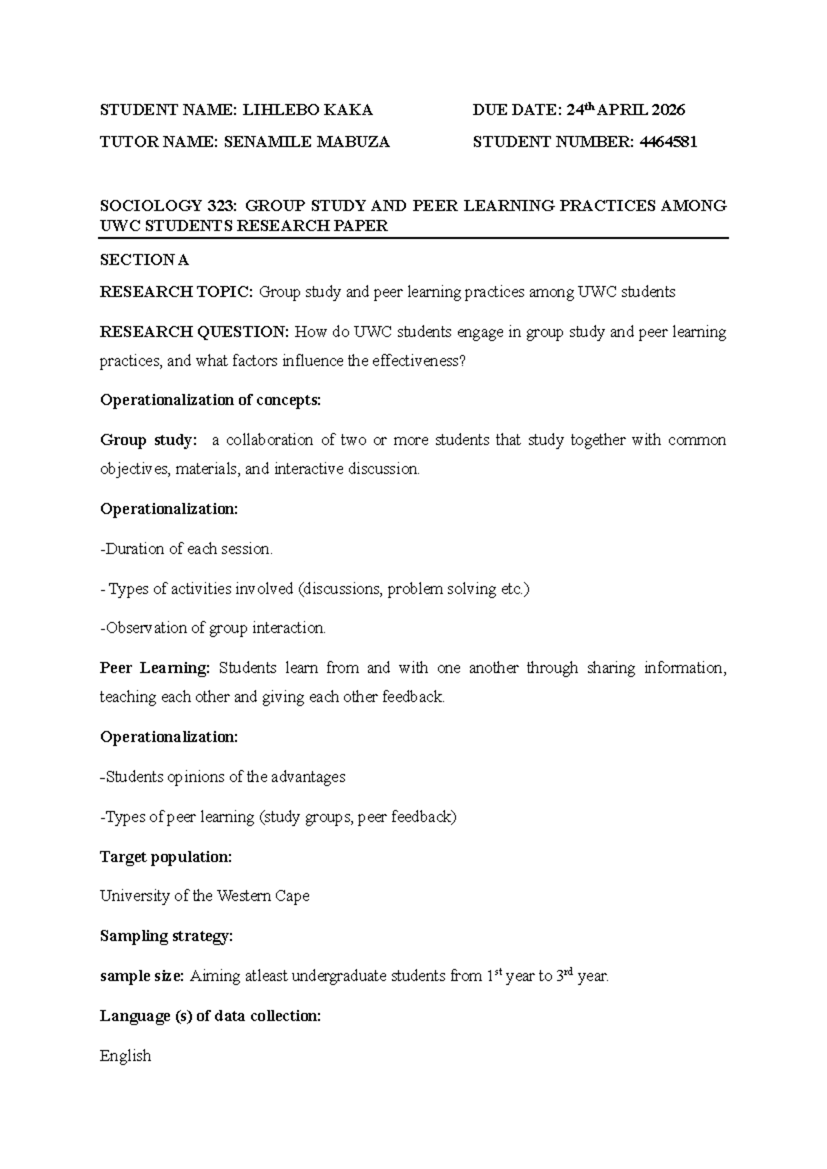 SOC323: Group Study & Peer Learning Practices Research Paper - Studocu