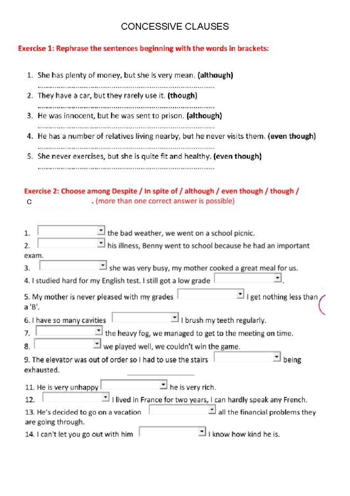 Concessive Clauses Exercise 1 & 2 - Ficha de Trabalho - Studocu