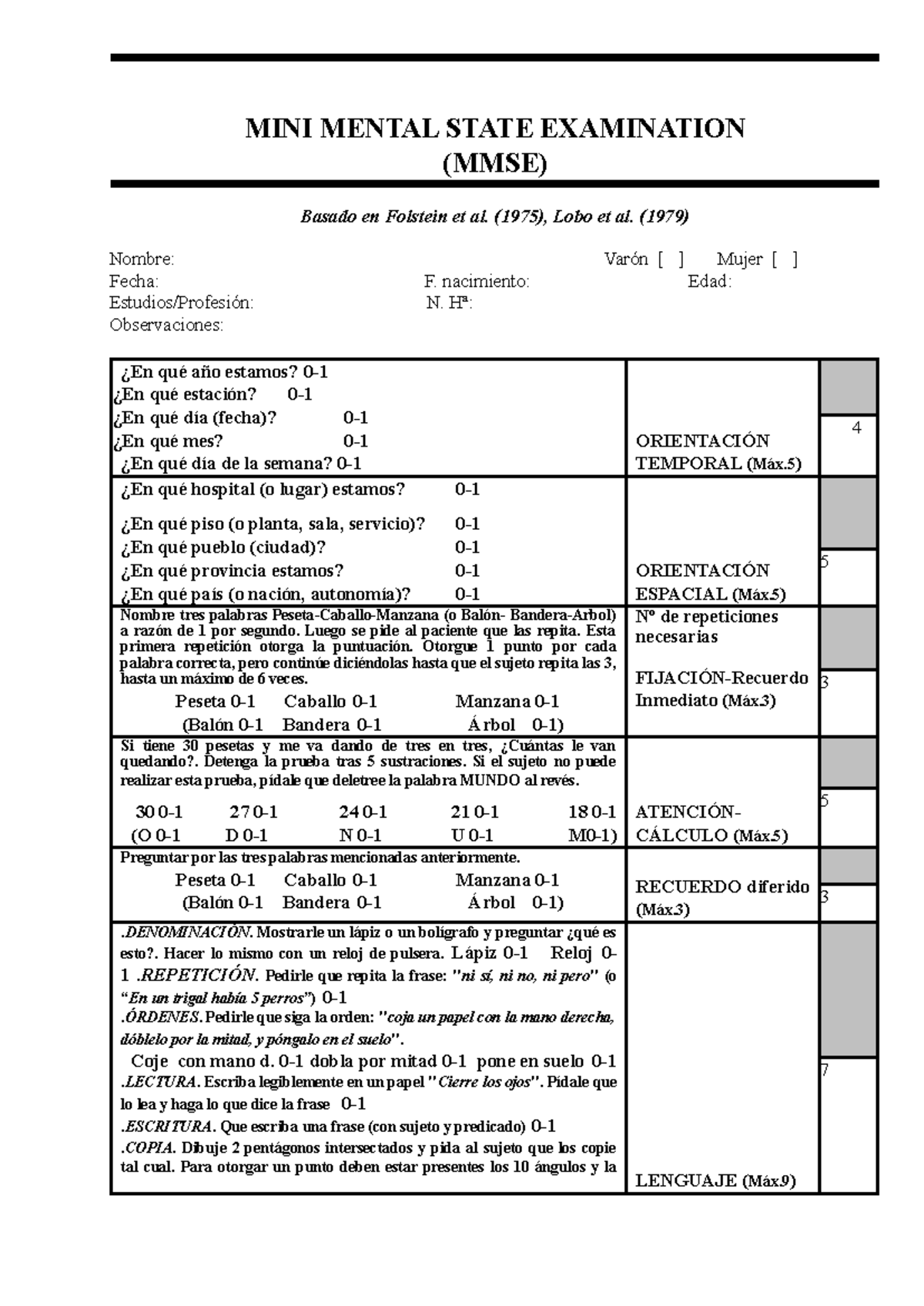Mini Mental State Examination (MMSE) for Adolescents Evaluation - Studocu