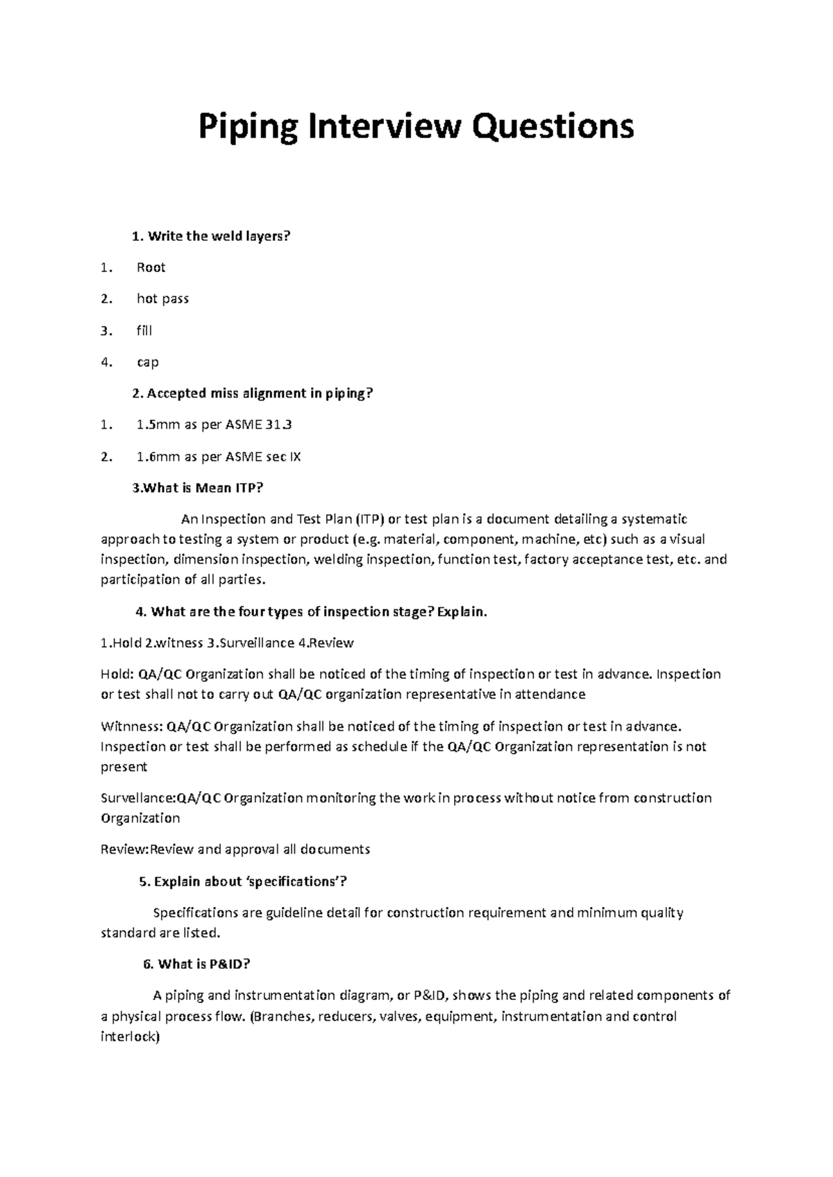 Piping Interview Questions and Answers for Exam Preparation - Studocu