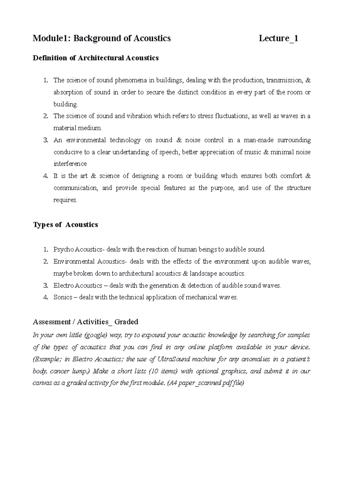 Module 1 Lecture 1: Introduction to Acoustics Concepts and Types - Studocu