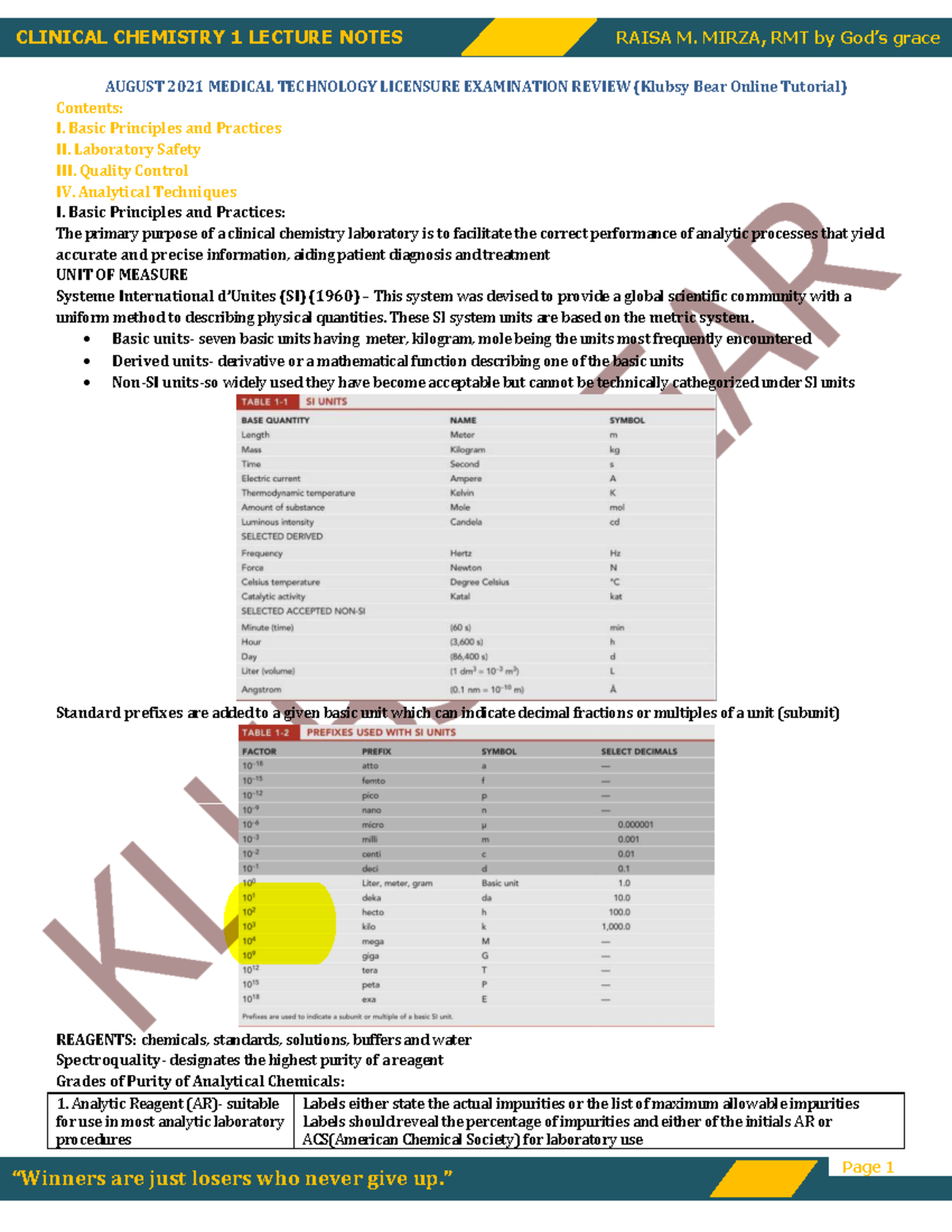 CLINICAL CHEMISTRY 1 LECTURE NOTES - RAISA M. MIRZA, RMT (AUG 2021 ...