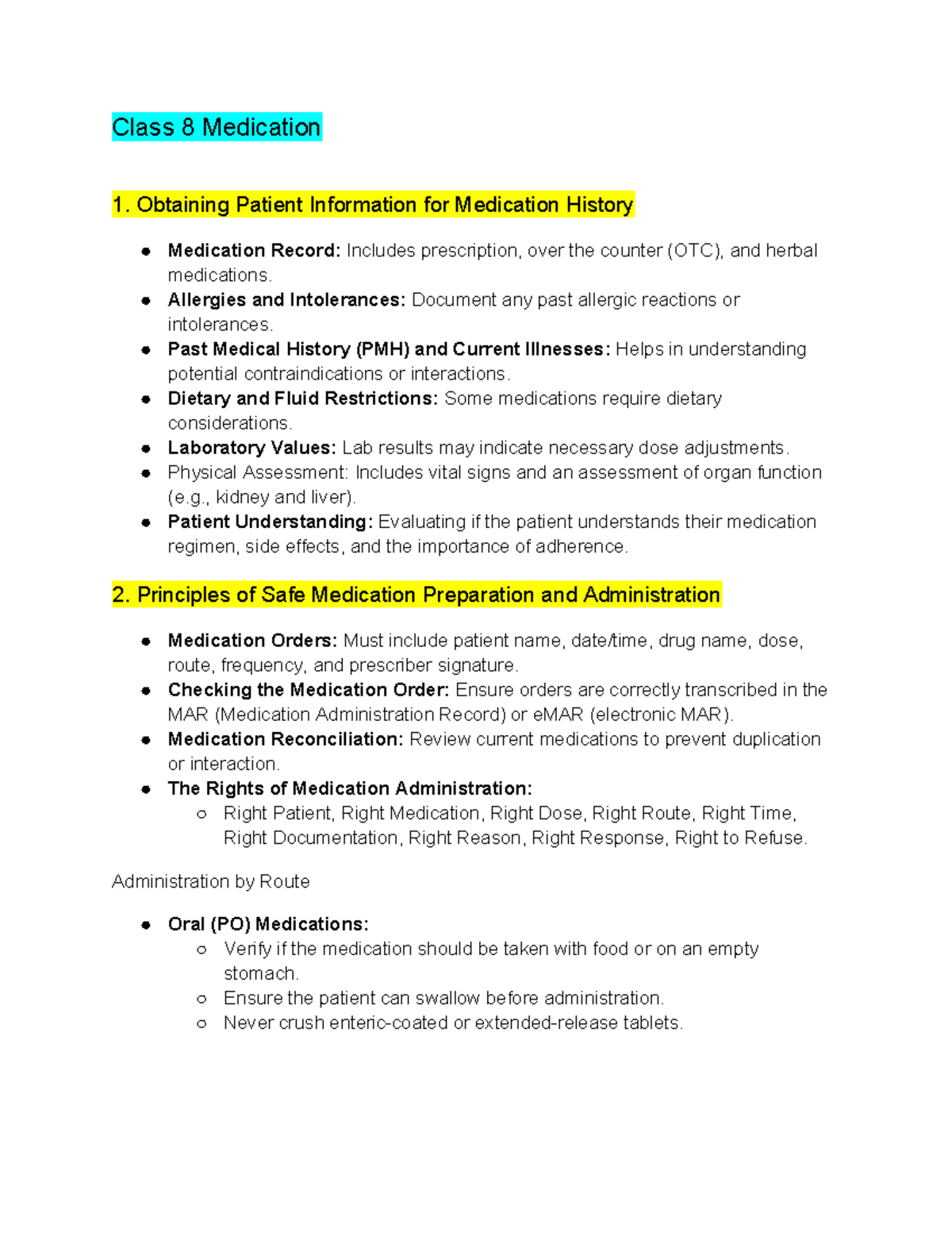 Medication Administration and Patient Education - Class 8 & 9 Notes ...