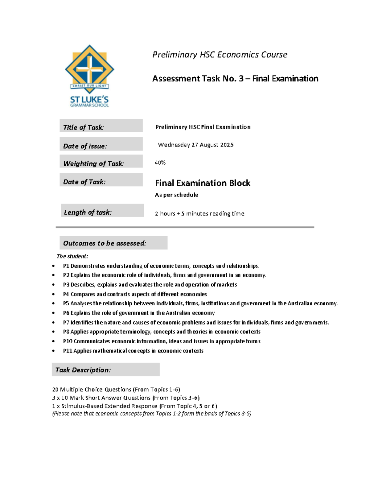 Preliminary HSC Economics (Task 3) Final Exam Notification 2025 - Studocu