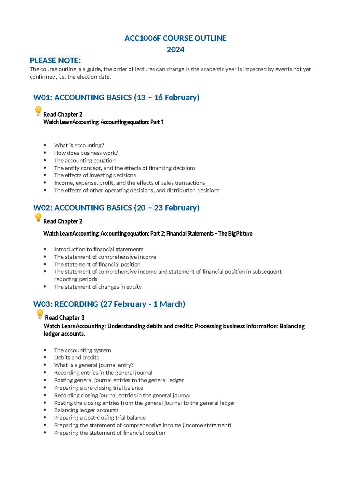 ACC1006F Course Outline & Lecture Schedule 2024 - Studocu