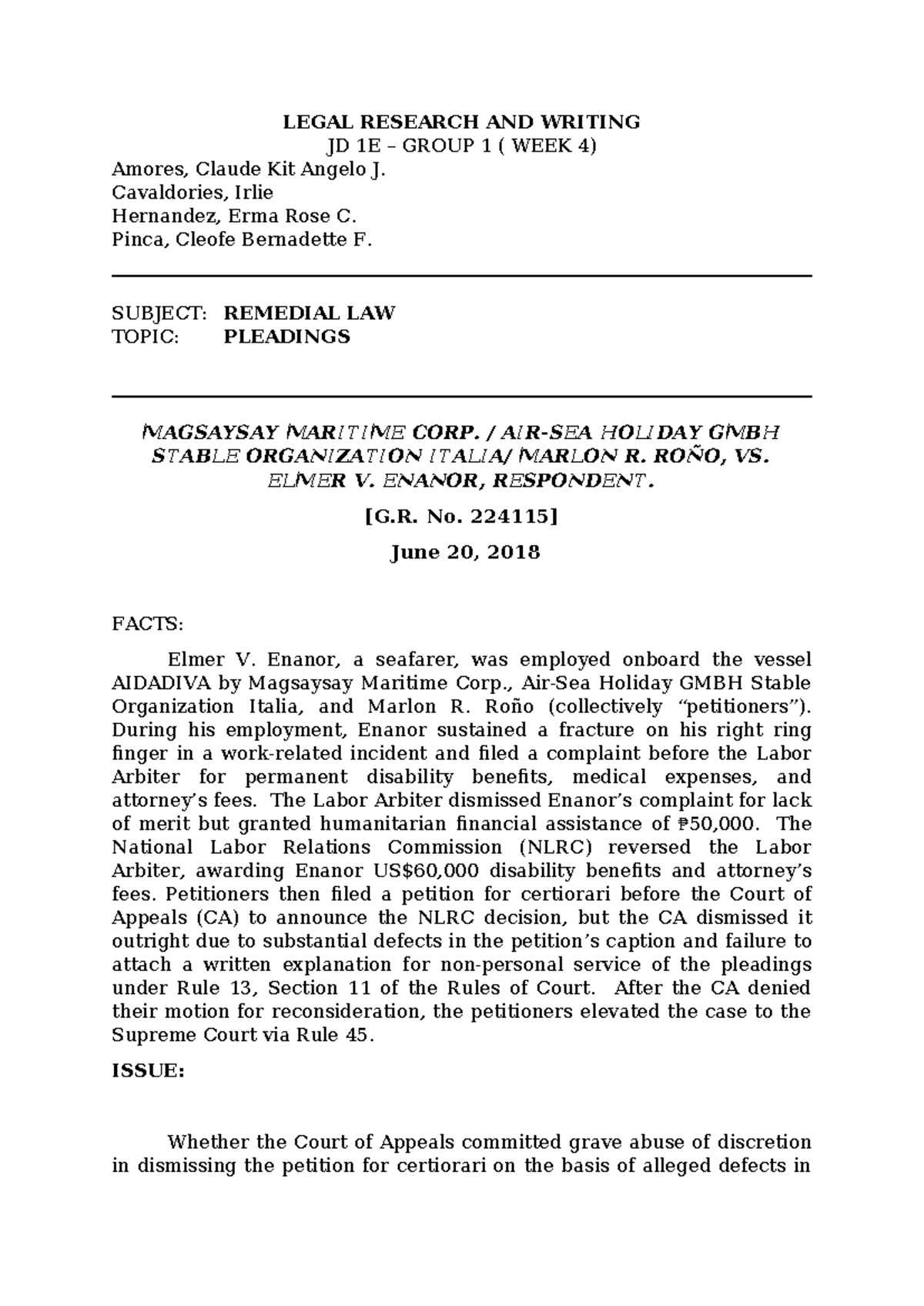 LEGAL RESEARCH AND WRITING JD 1E GROUP 1: WEEK 4 CASE ANALYSIS - Studocu