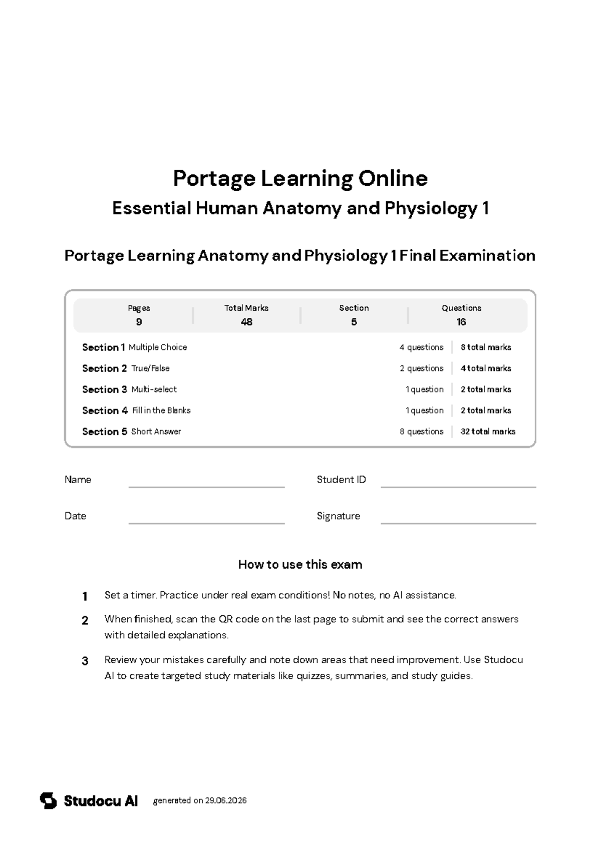Portage Learning Anatomy and Physiology 1 Final Exam - Studocu