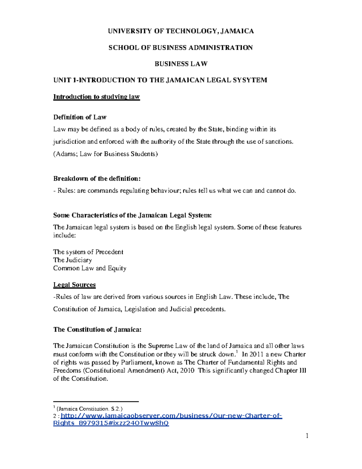 BUSI 101 Lecture Notes: Overview of the Jamaican Legal System - Studocu