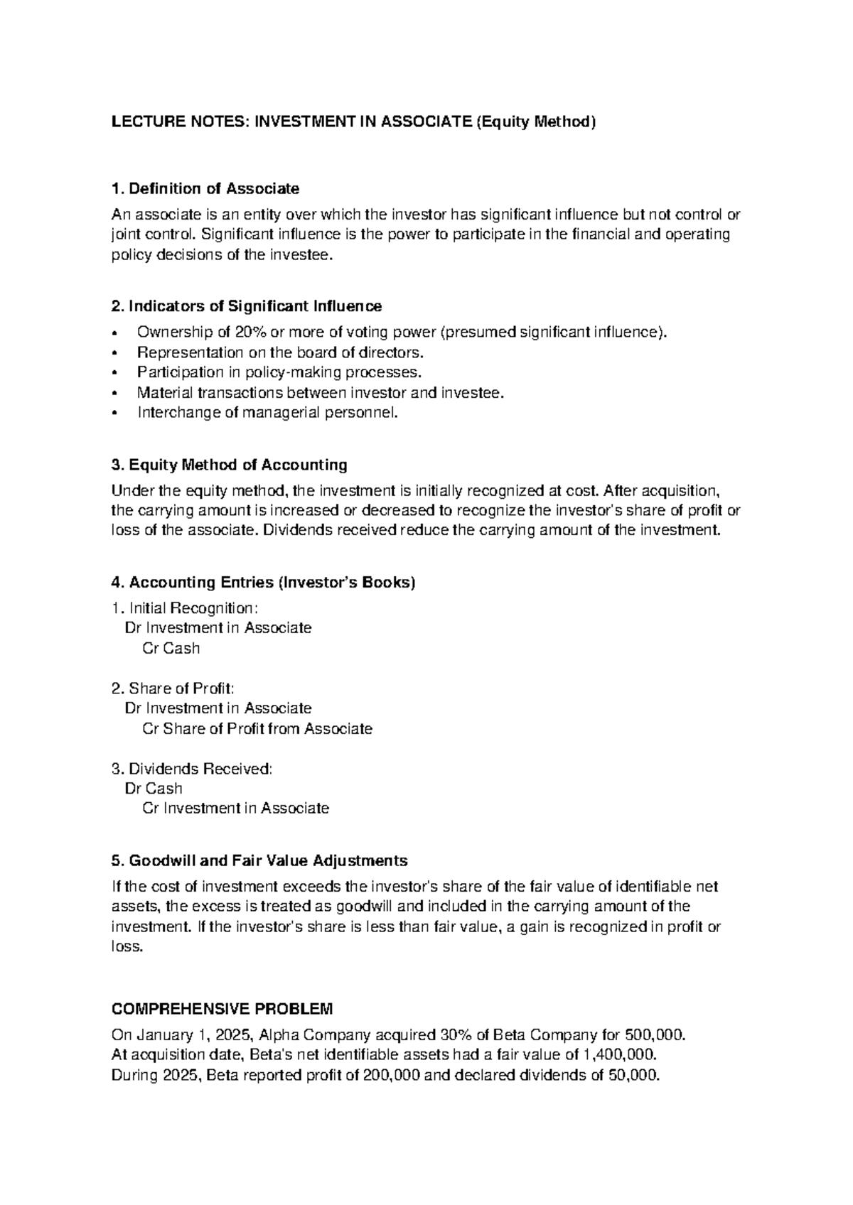 LECTURE NOTES: INVESTMENT IN ASSOCIATE (Equity Method) - Studocu