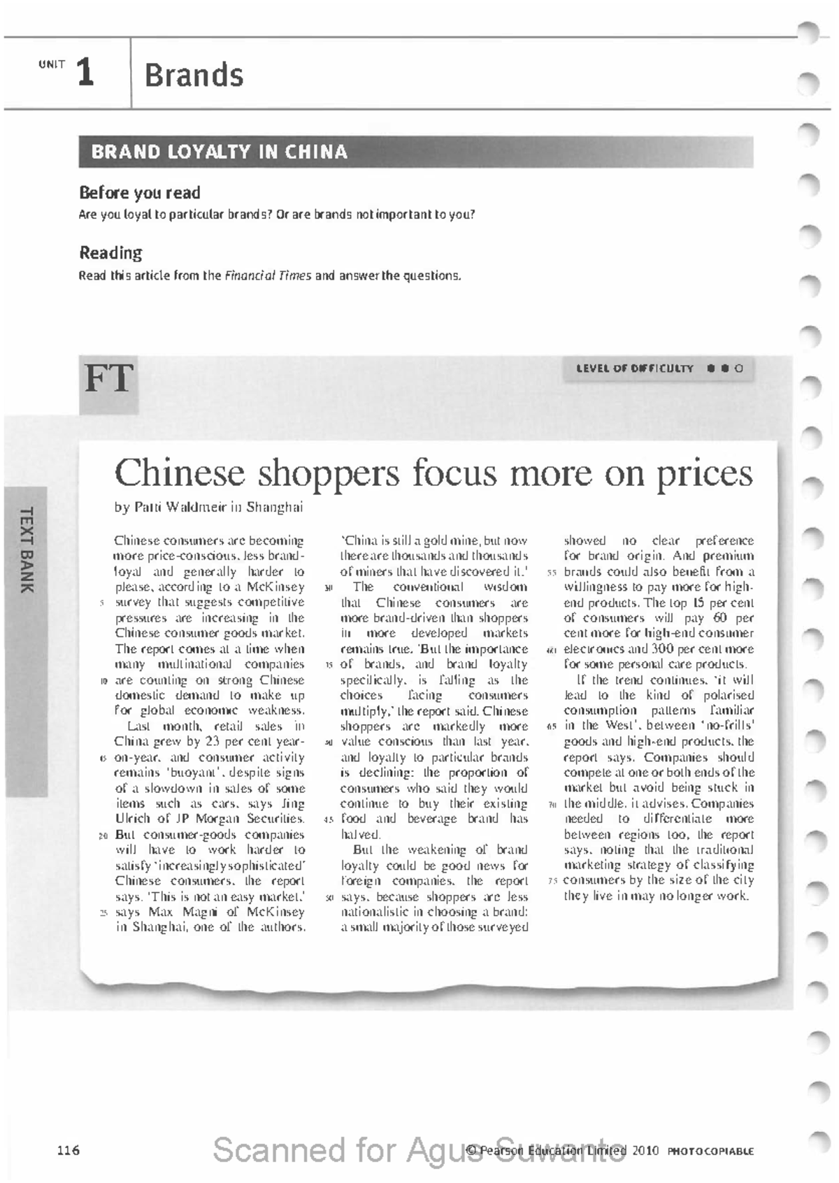 Market Leader Intermediate - Reading Homework: Unit 1 on Brand Loyalty ...