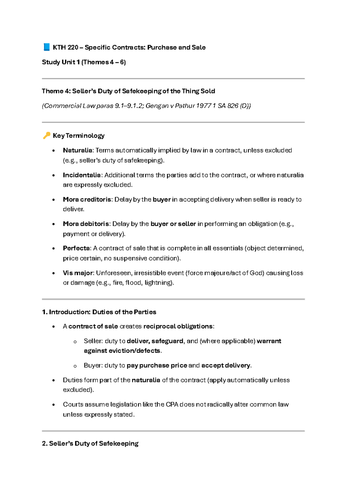 KTH 220 Specific Contracts: Study Notes on Duty of Safekeeping and ...