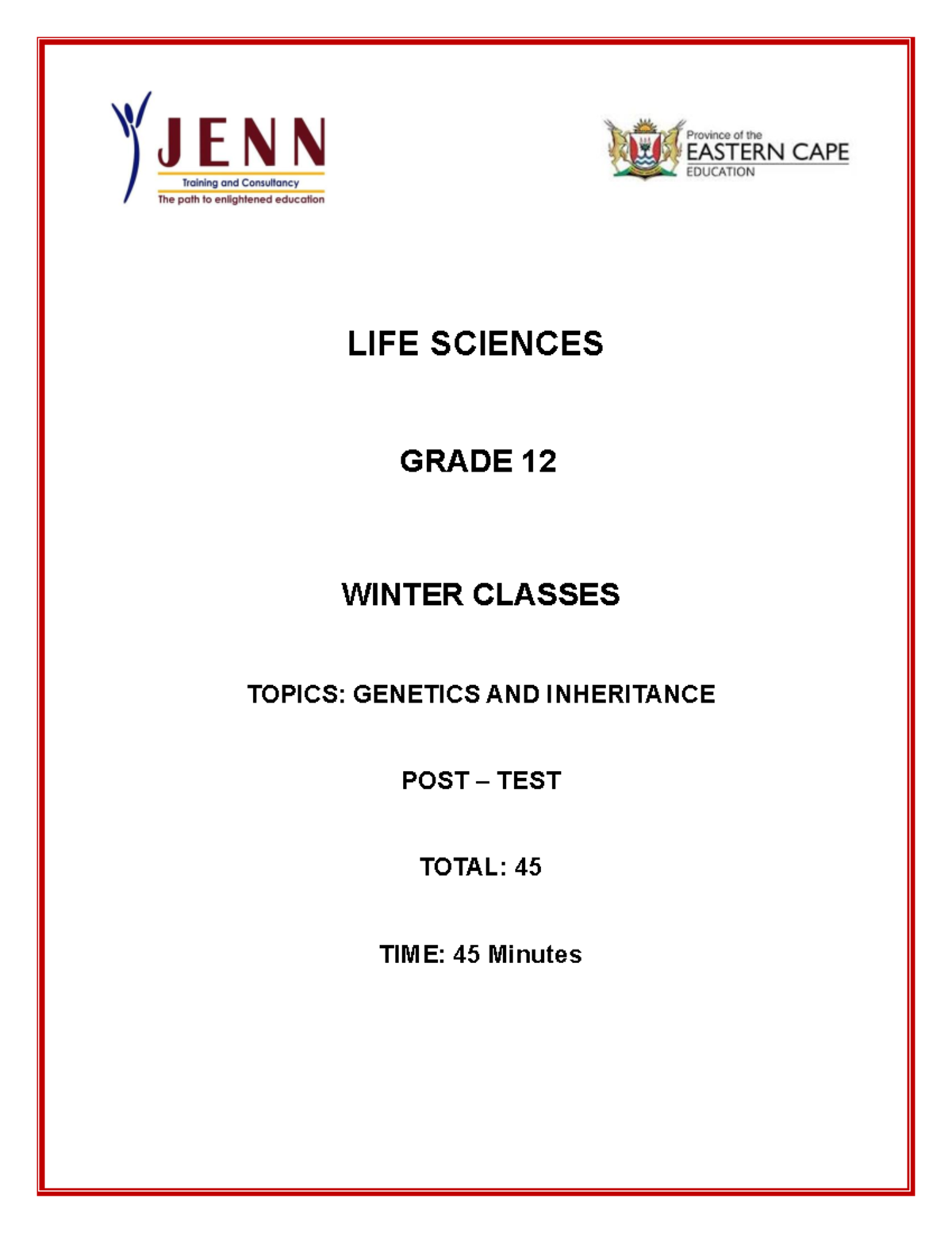 3. Life Sciences GRADE 12 Winter Genetics & Inheritance Post-Test - Studocu