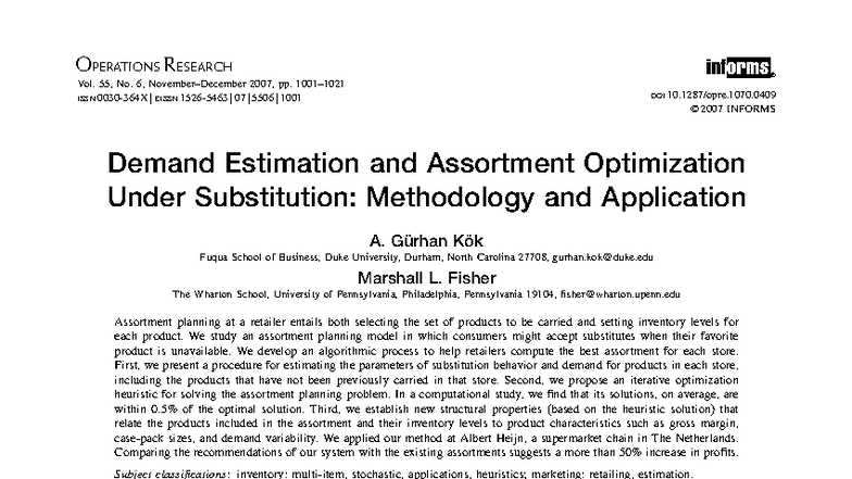 Demand Estimation and Assortment Optimization in Retail (OR 55) - Studocu