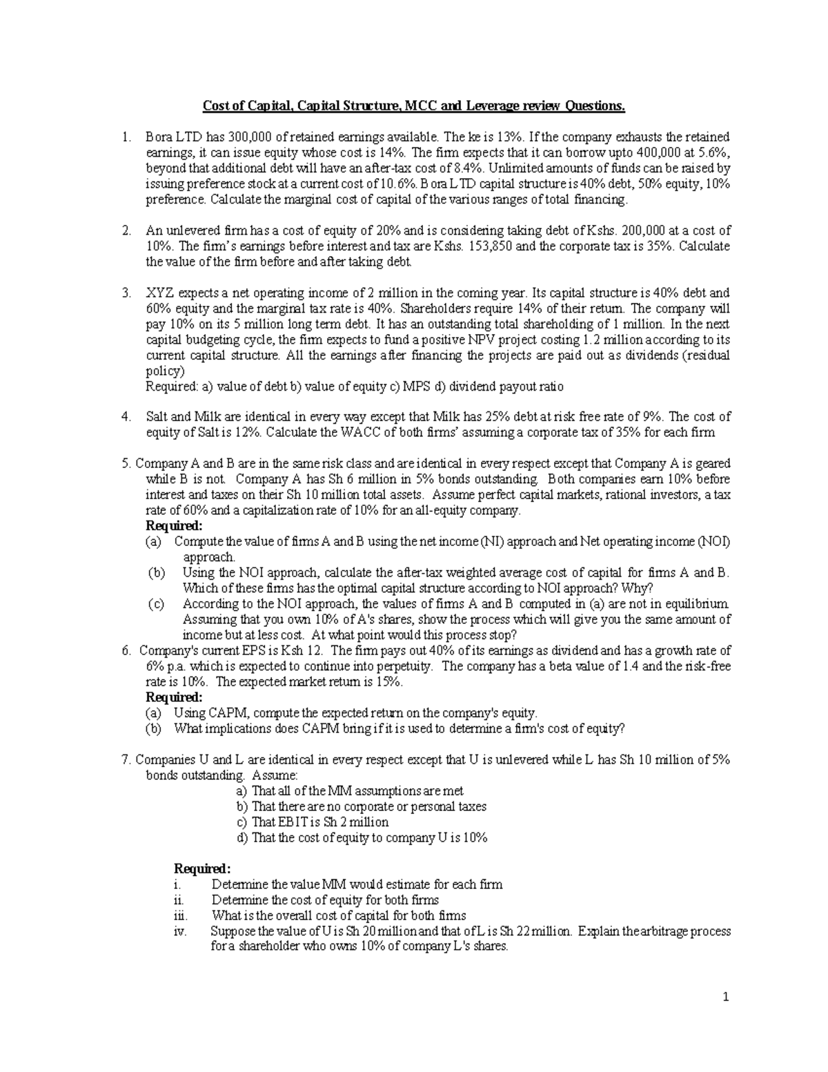 Cost of Capital & Capital Structure Review Questions (FIN 301) - Studocu
