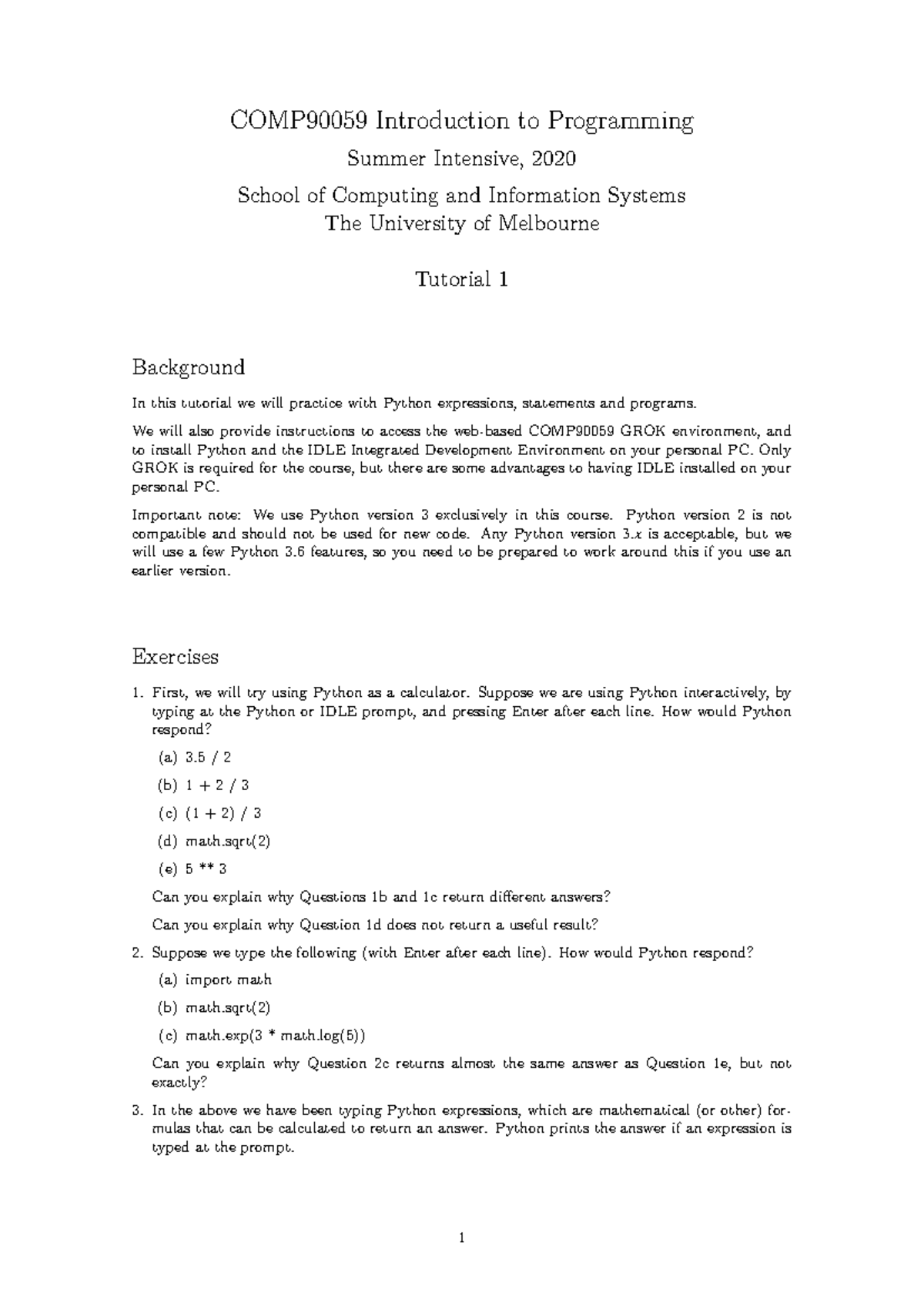 COMP90059 - Summer 2020 Tutorial 1: Intro to Python Basics - Studocu