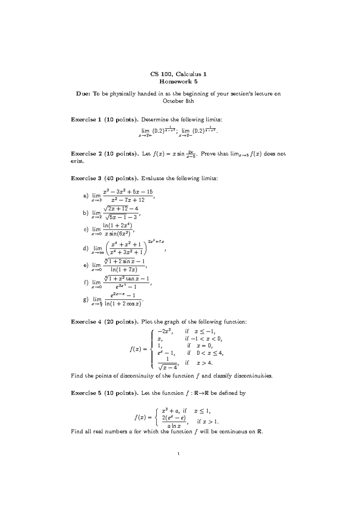 CS 100 - Homework 1: Calculus 1 Exercises and Solutions - Studocu