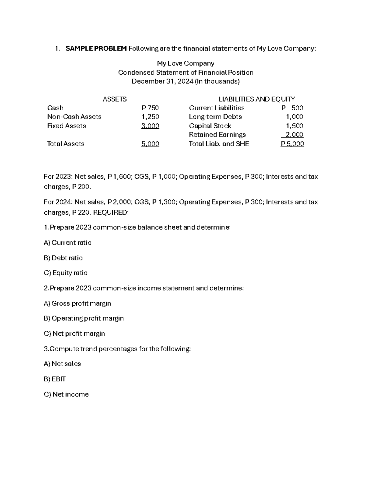 Sample Problems for Financial Analysis (FIN 101) - Studocu