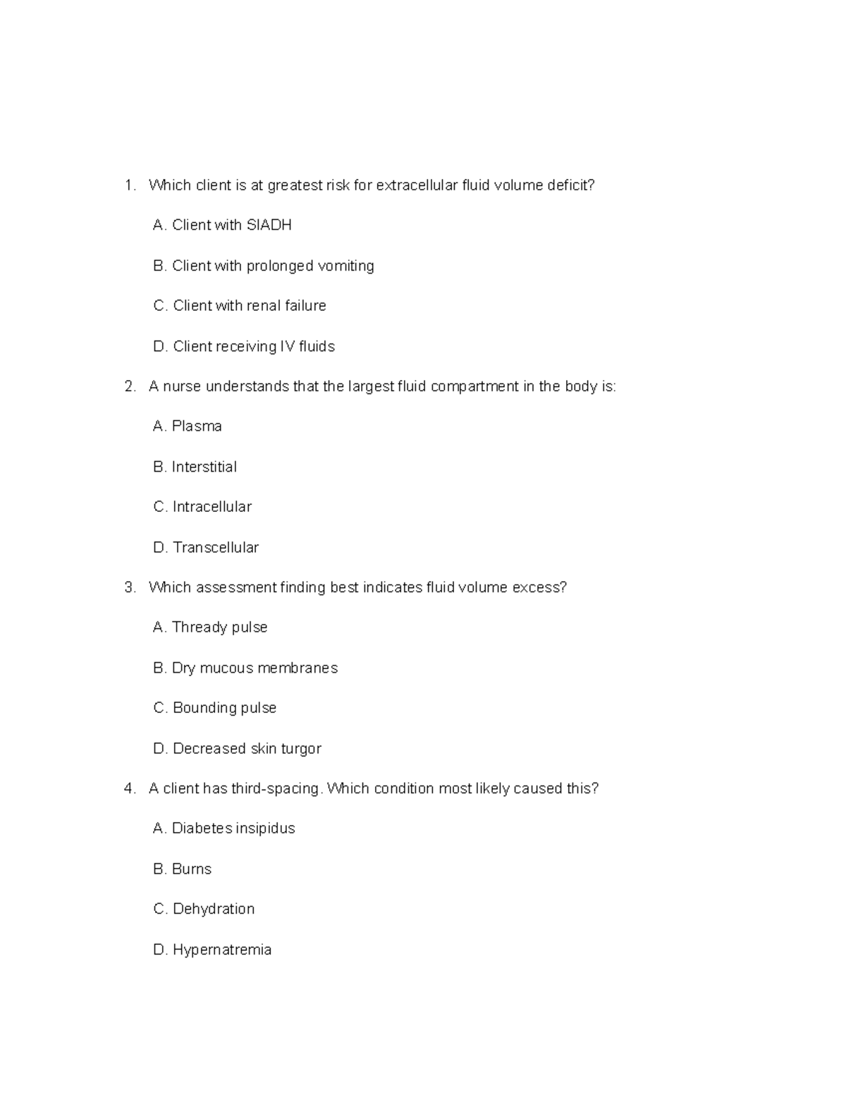 Fluid and Electrolyte Exam Notes - Nursing 101 - Studocu