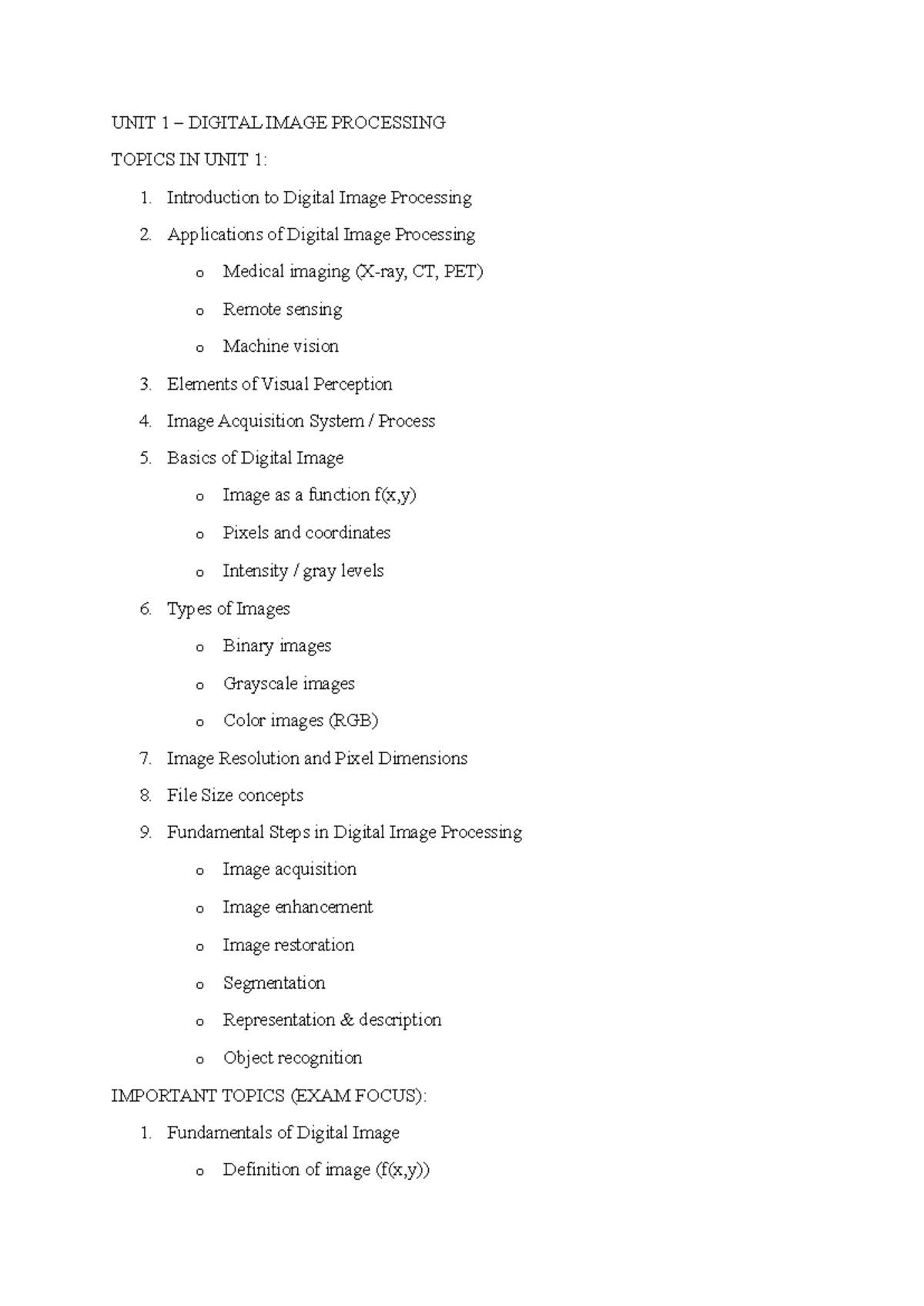 DIP Topics Overview - SRM Institute of Science and Technology - Studocu