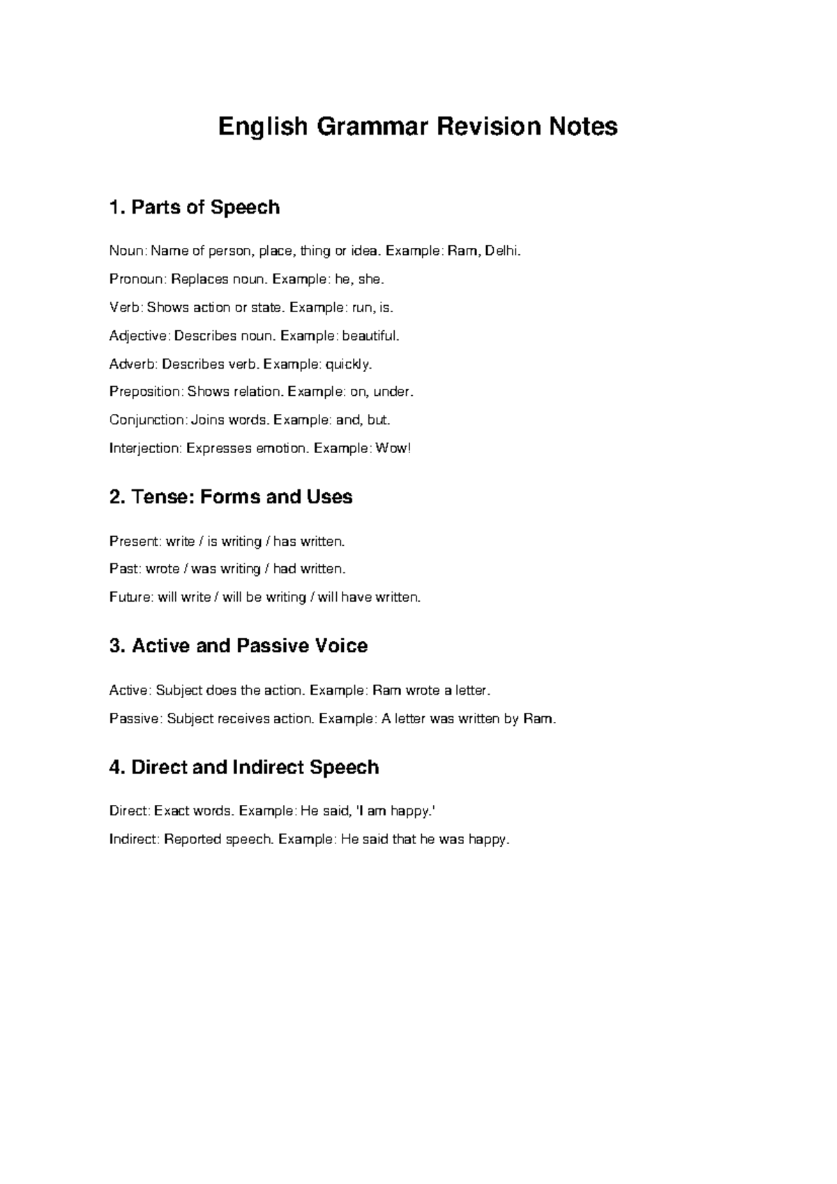 English Grammar Revision Notes: Parts of Speech & Tenses - Studocu