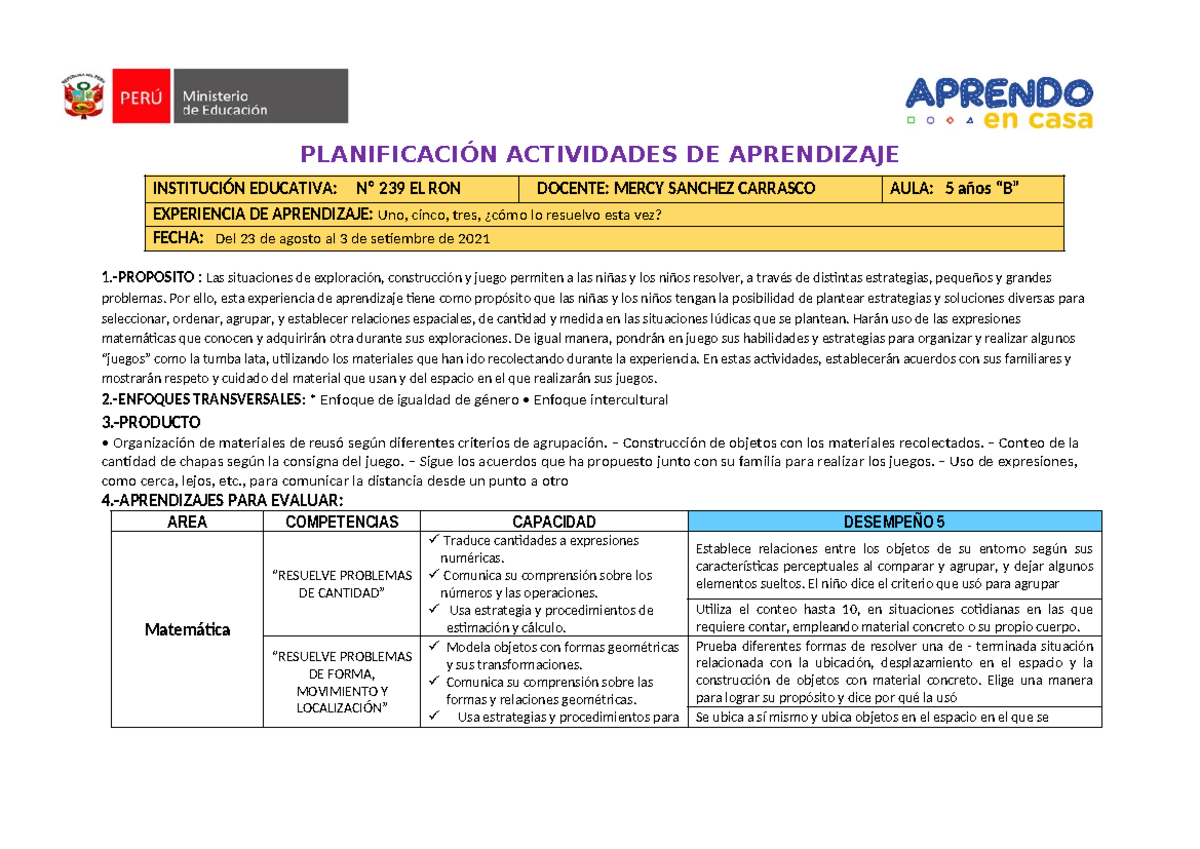 Planificación de Actividades de Aprendizaje para 5 Años - 1, 2, 3 ...