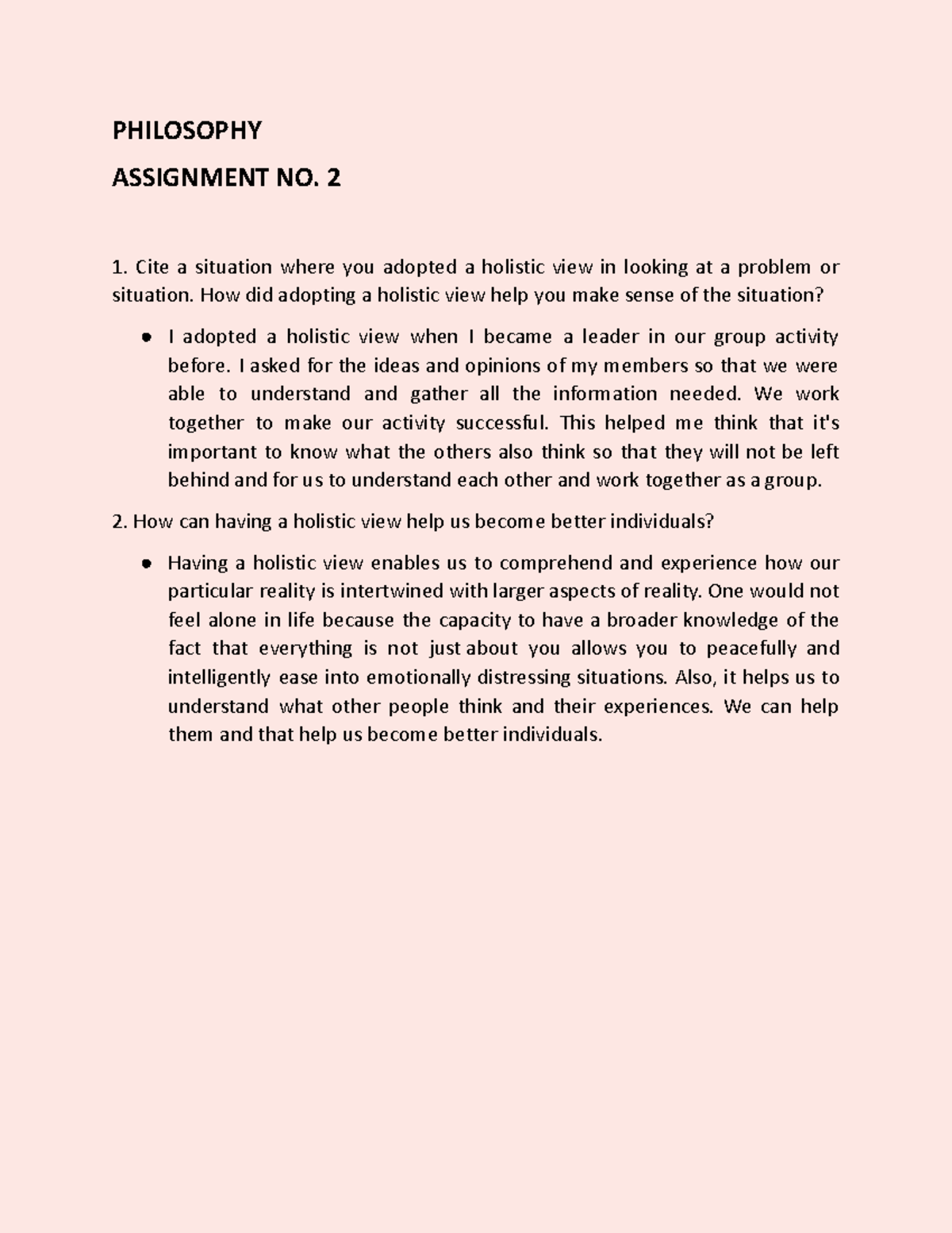 PHILOSOPHY ASSIGNMENT NO. 2: Embracing a Holistic Perspective - Studocu