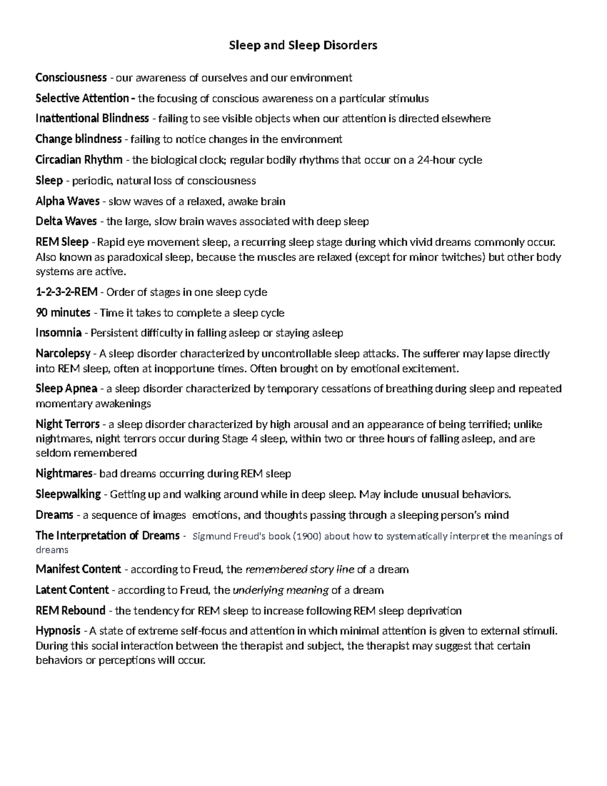 PSY 101: Sleep and Sleep Disorders - Key Concepts and Definitions - Studocu
