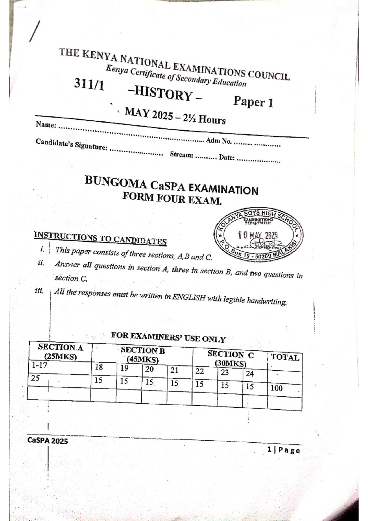2025 History Paper 1 & 2 Exam Notes - CaSPA Form Four - Studocu