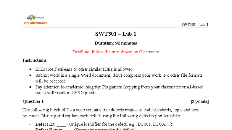 Swt301 lab1 sp25 - on SWT sp25 - SWT301 – Lab 1 Duration: 90 minutes ...
