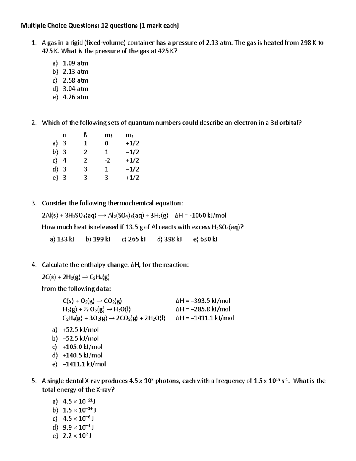 CHM 135H Fall 2025 Term Test 1: Multiple Choice Questions - Studocu