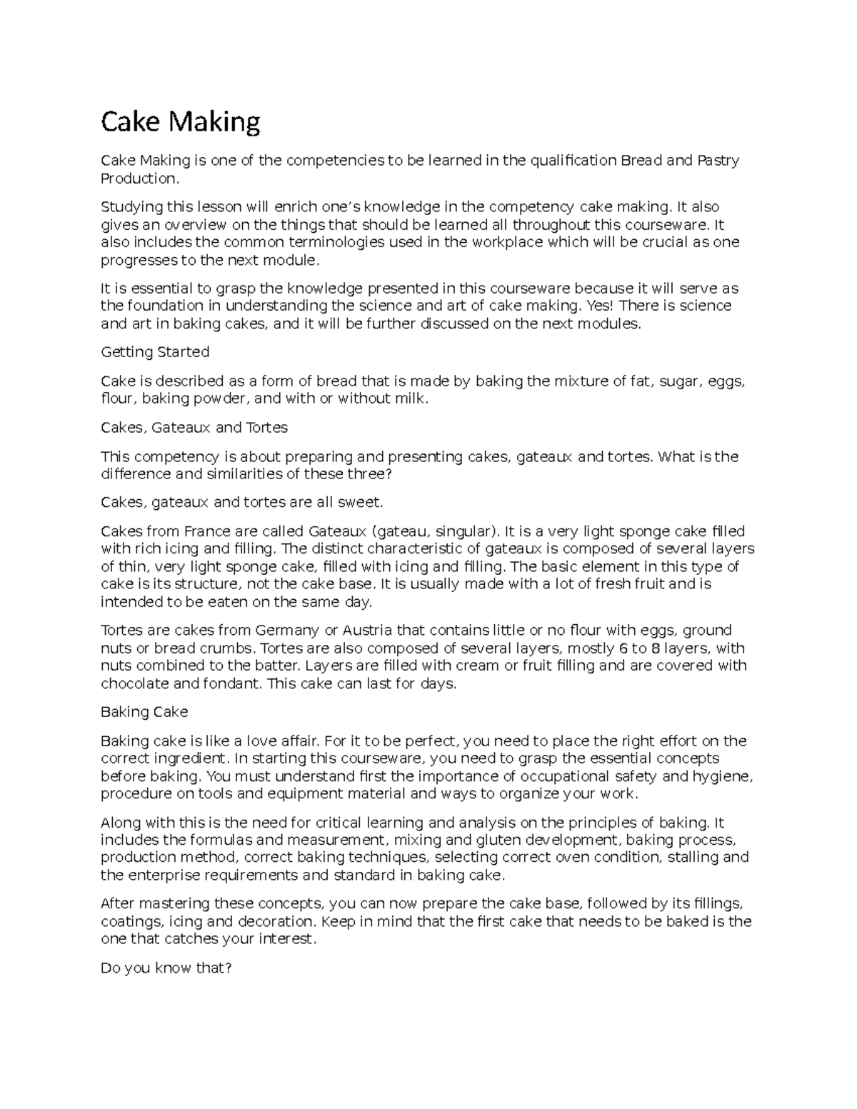 Hospitality Management Cake Making Overview - Exam Part 1 - Studocu