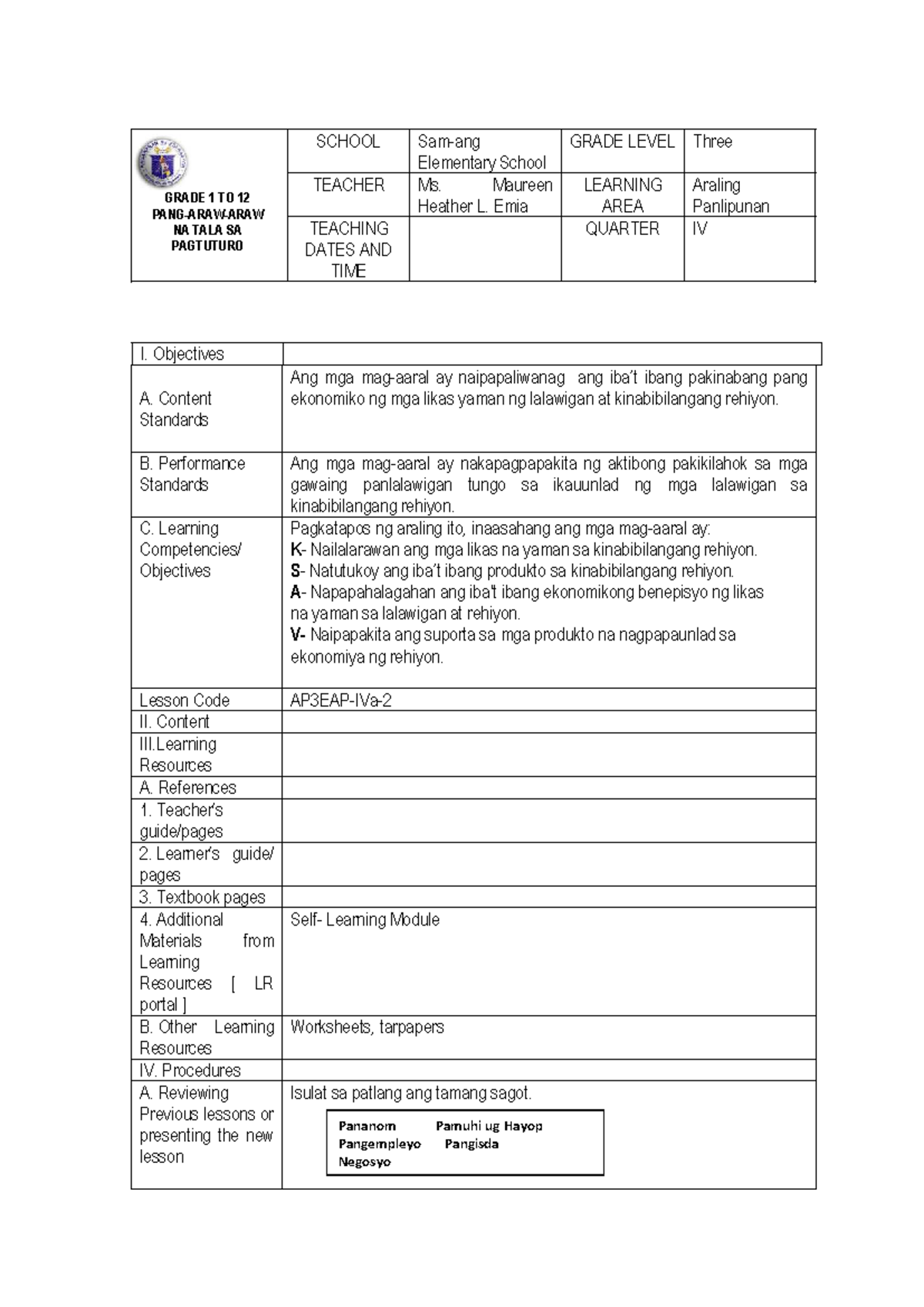 Final-AP lessonplan - lesson plan for practice teaching - SCHOOL Sam ...
