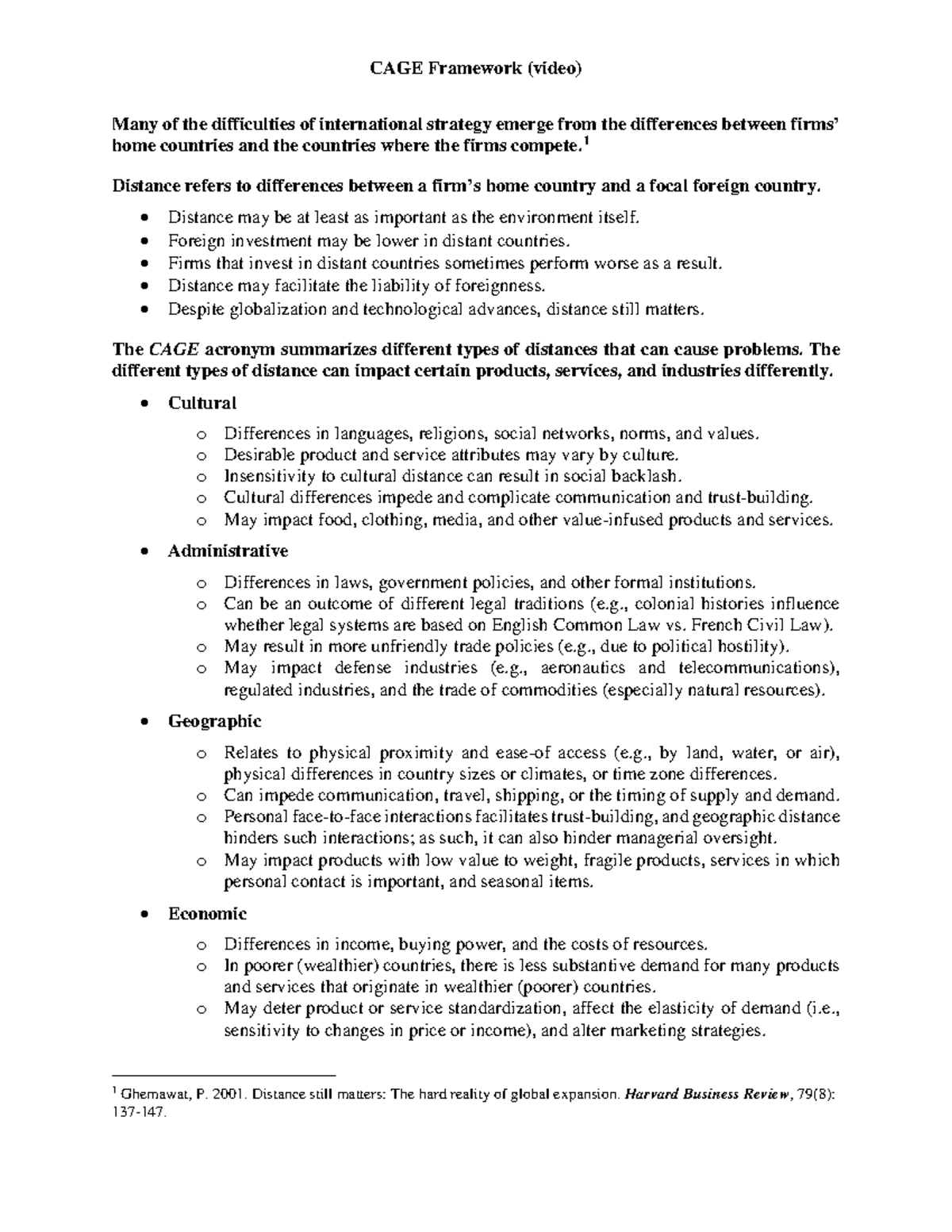 International Strategy & Distance: Analyzing the CAGE Framework - Studocu