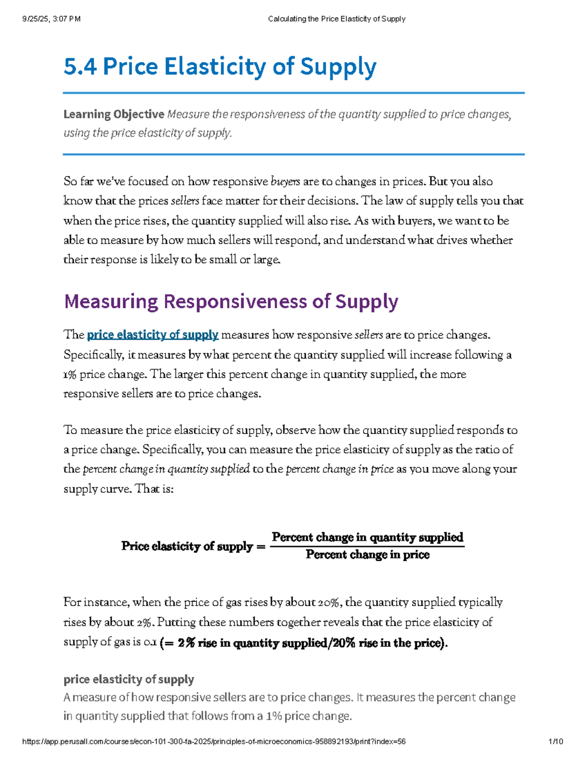 Calculating the Price Elasticity of Supply - ECON 101 Lecture Notes ...