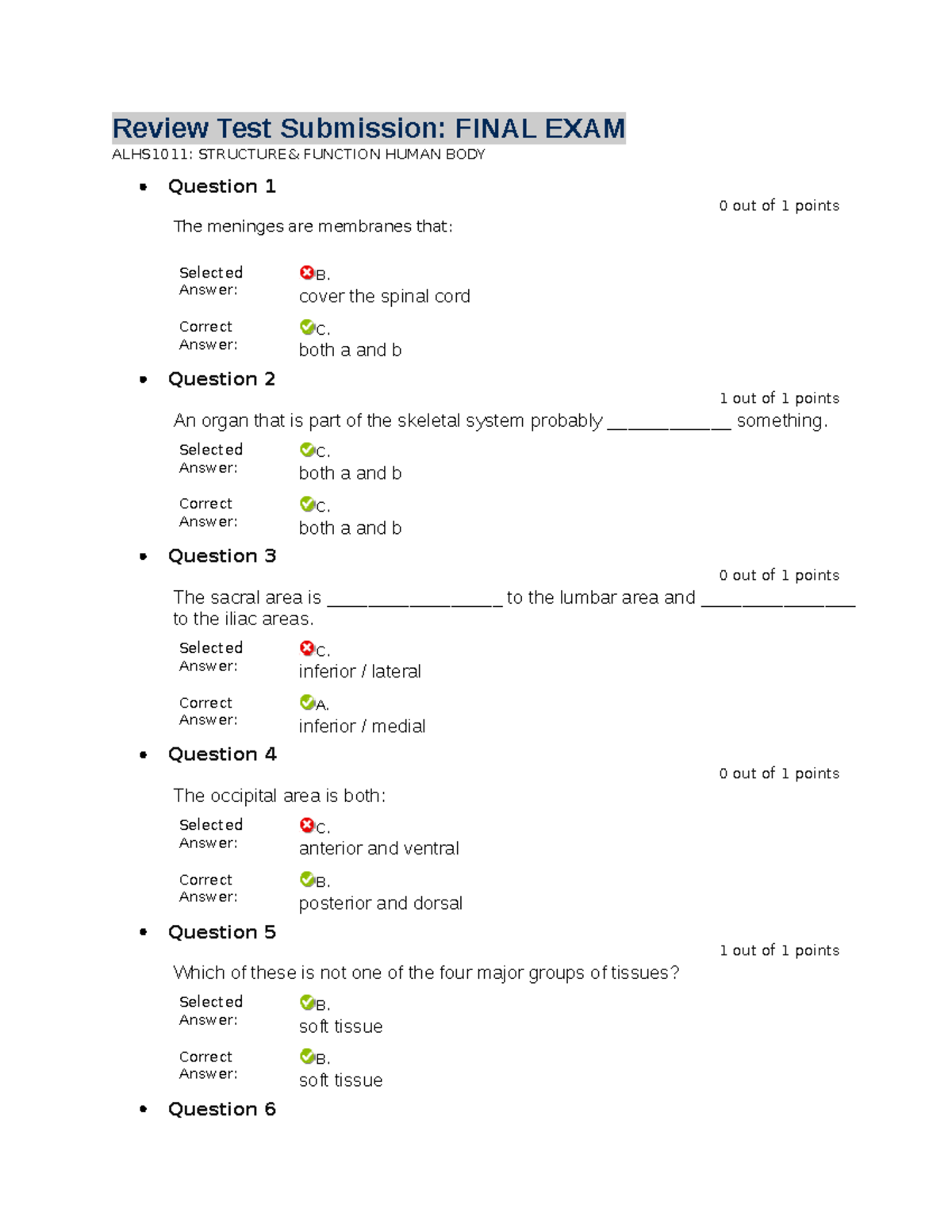Final Exam Review for ALHS1011: Structure & Function of the Human Body ...