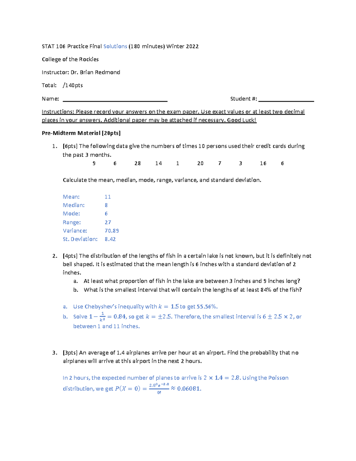 STAT 106 Practice Final Solutions - Winter 2022 Review Guide - Studocu