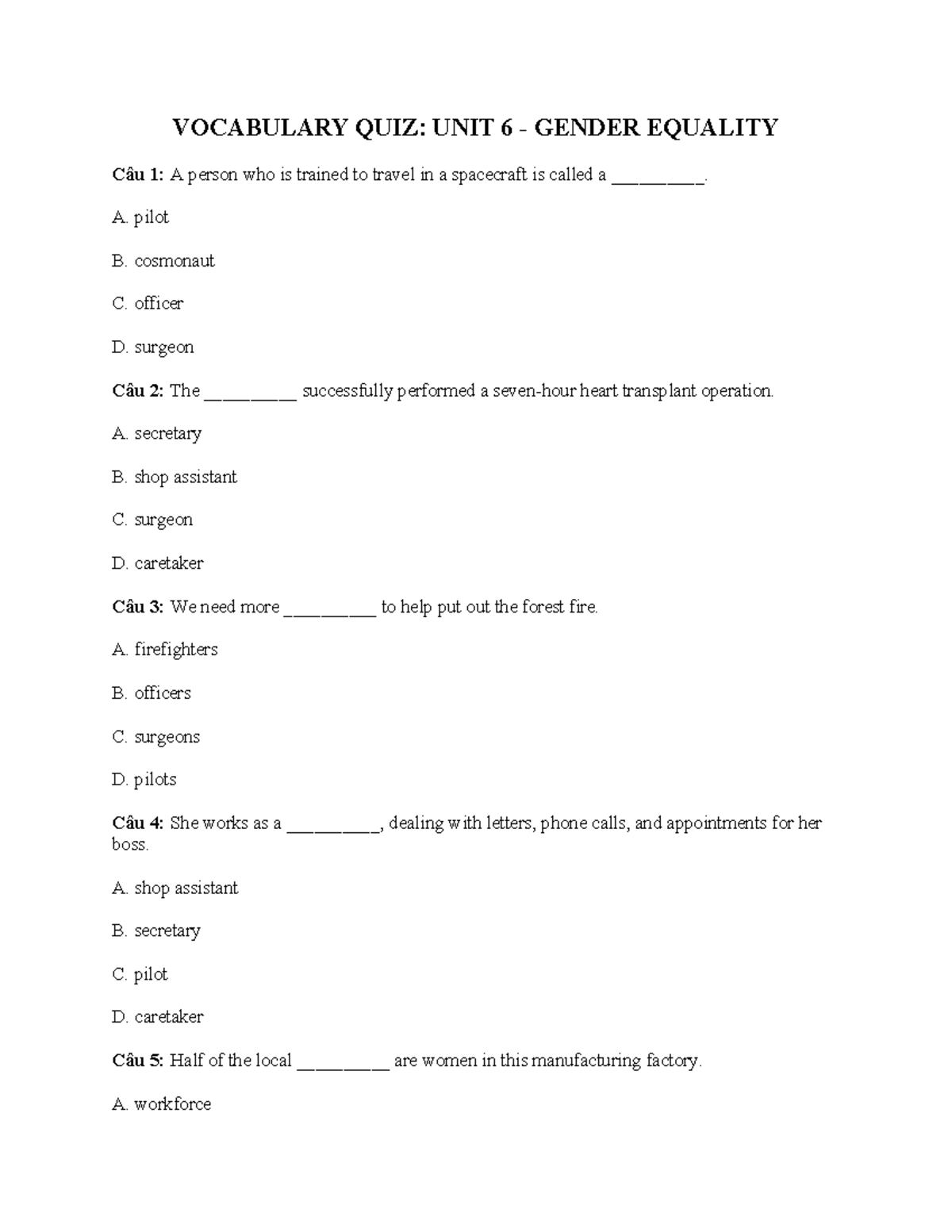 VOCABULARY QUIZ: UNIT 6 - GENDER EQUALITY - Studocu