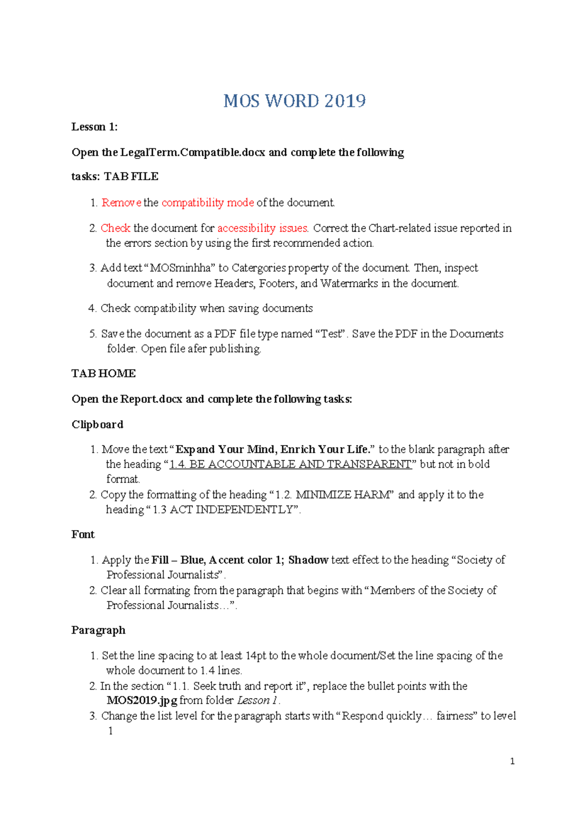 ĐỀ GIẢNG MOS WORD 2019 - Lesson 1 & 2 Tasks Guide - Studocu